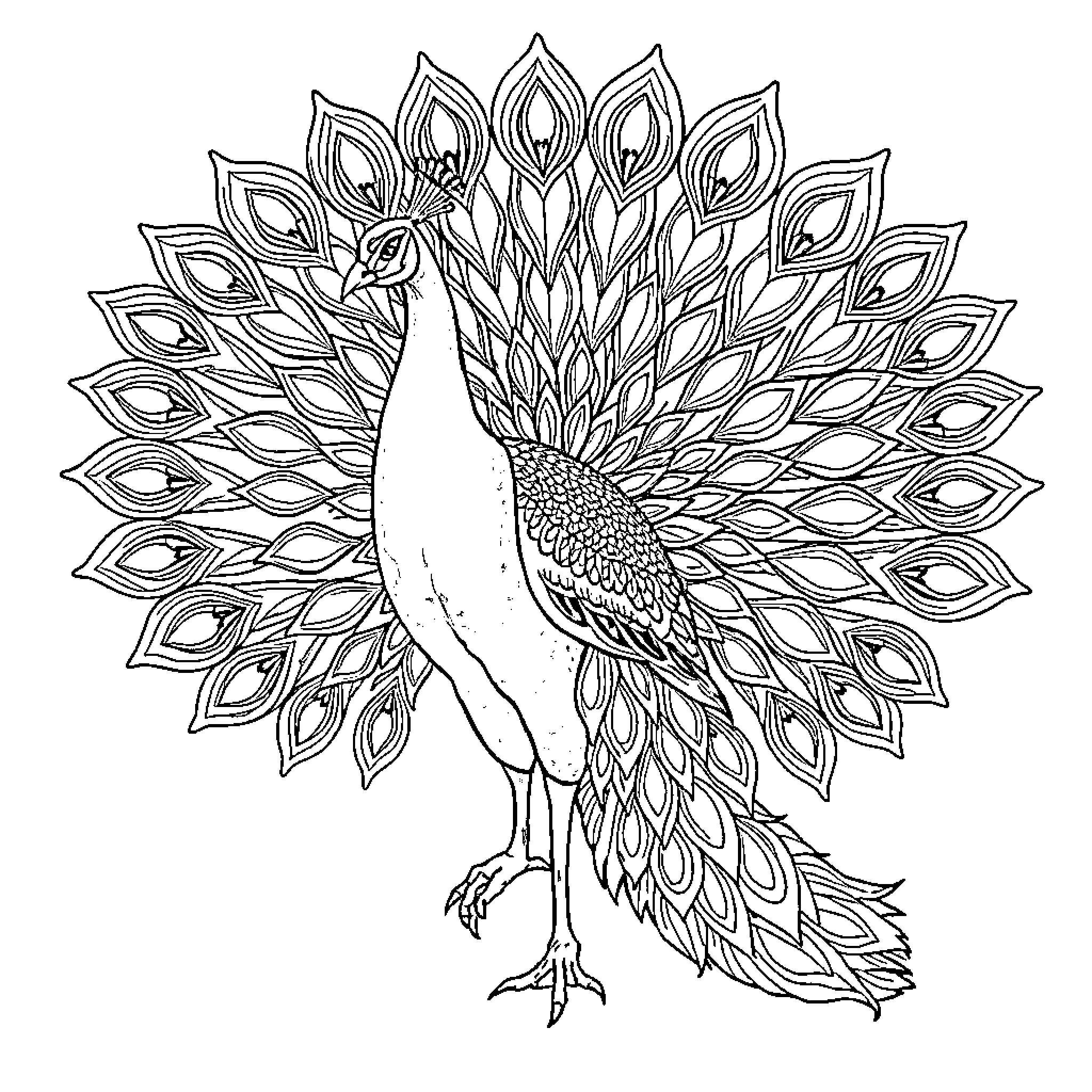 Peacock displaying its magnificent feathers Coloring Page (free black-and-white line drawing printable PDF for all, from beginners to advanced learners, including children, teens, adults, and seniors)