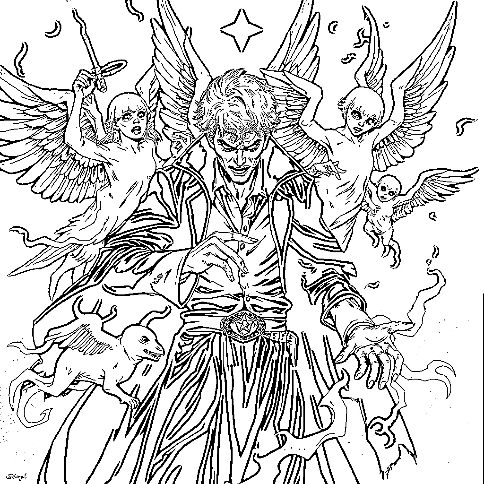 Angel of Darkness and Fallen Angels Coloring Page (free black-and-white line drawing printable PDF for all, from beginners to advanced learners, including children, teens, adults, and seniors)