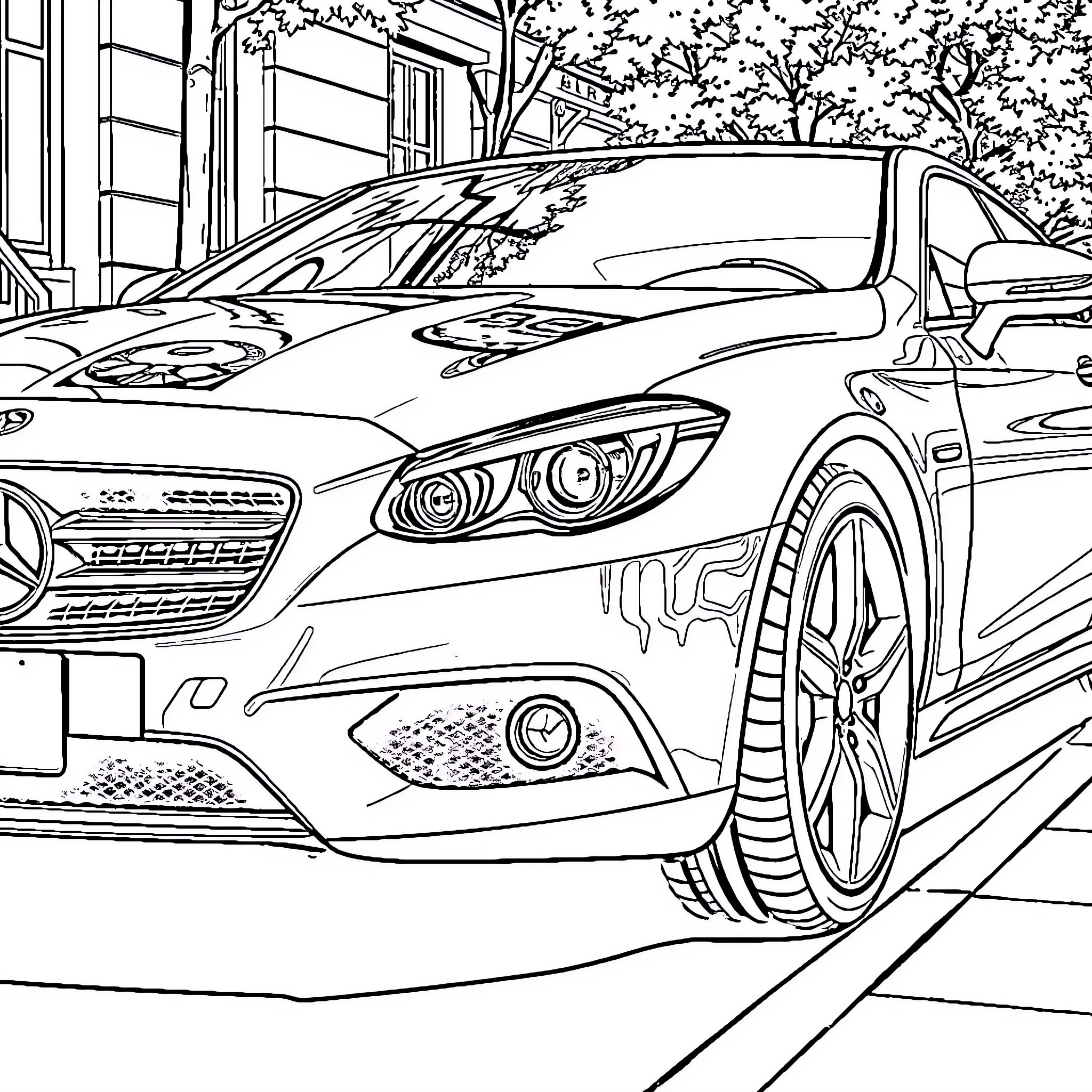 Car parked on city street with trees Coloring Page (free black-and-white line drawing printable PDF for all, from beginners to advanced learners, including children, teens, adults, and seniors)