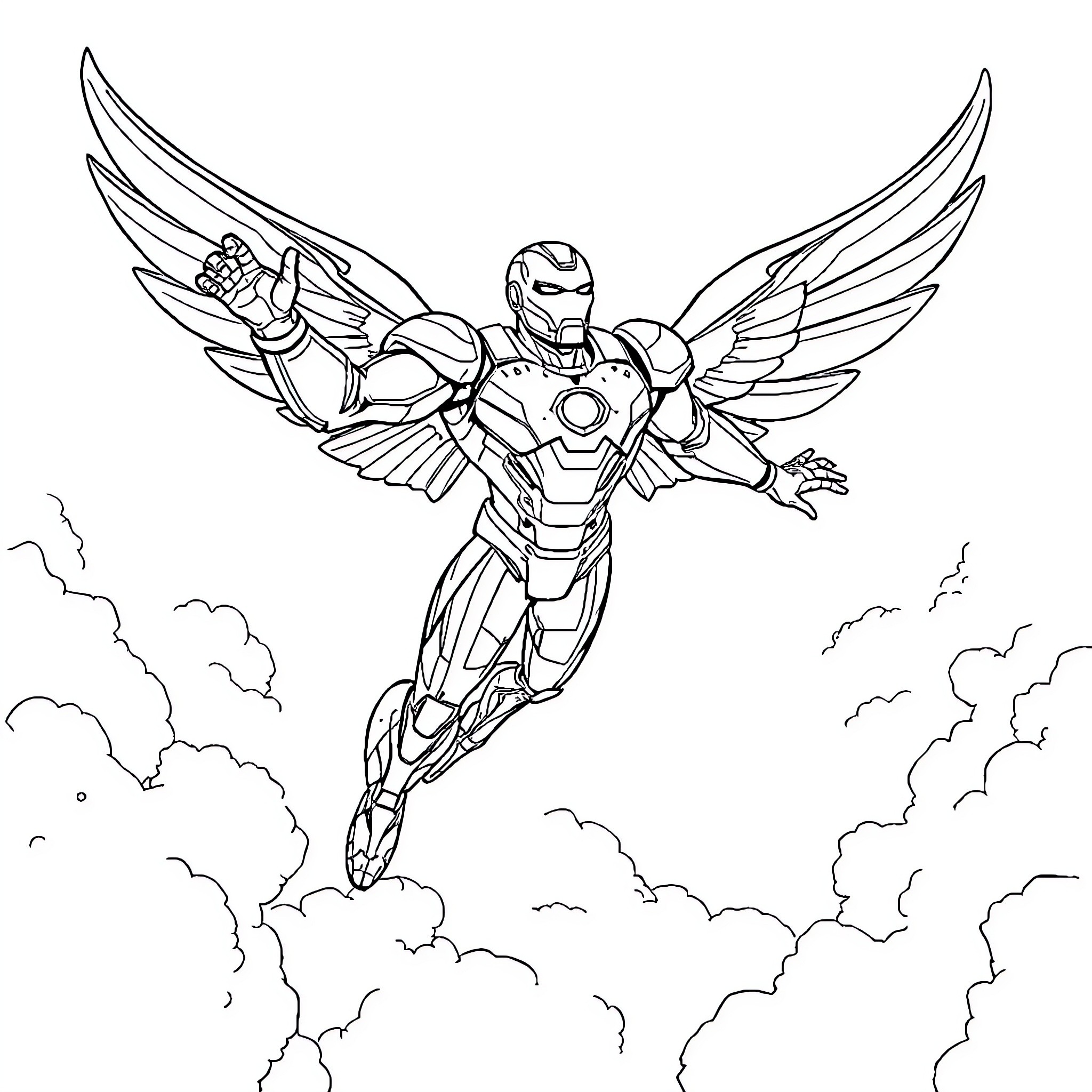 Iron Hero soaring through the clouds Coloring Page (free black-and-white line drawing printable PDF for all, from beginners to advanced learners, including children, teens, adults, and seniors)