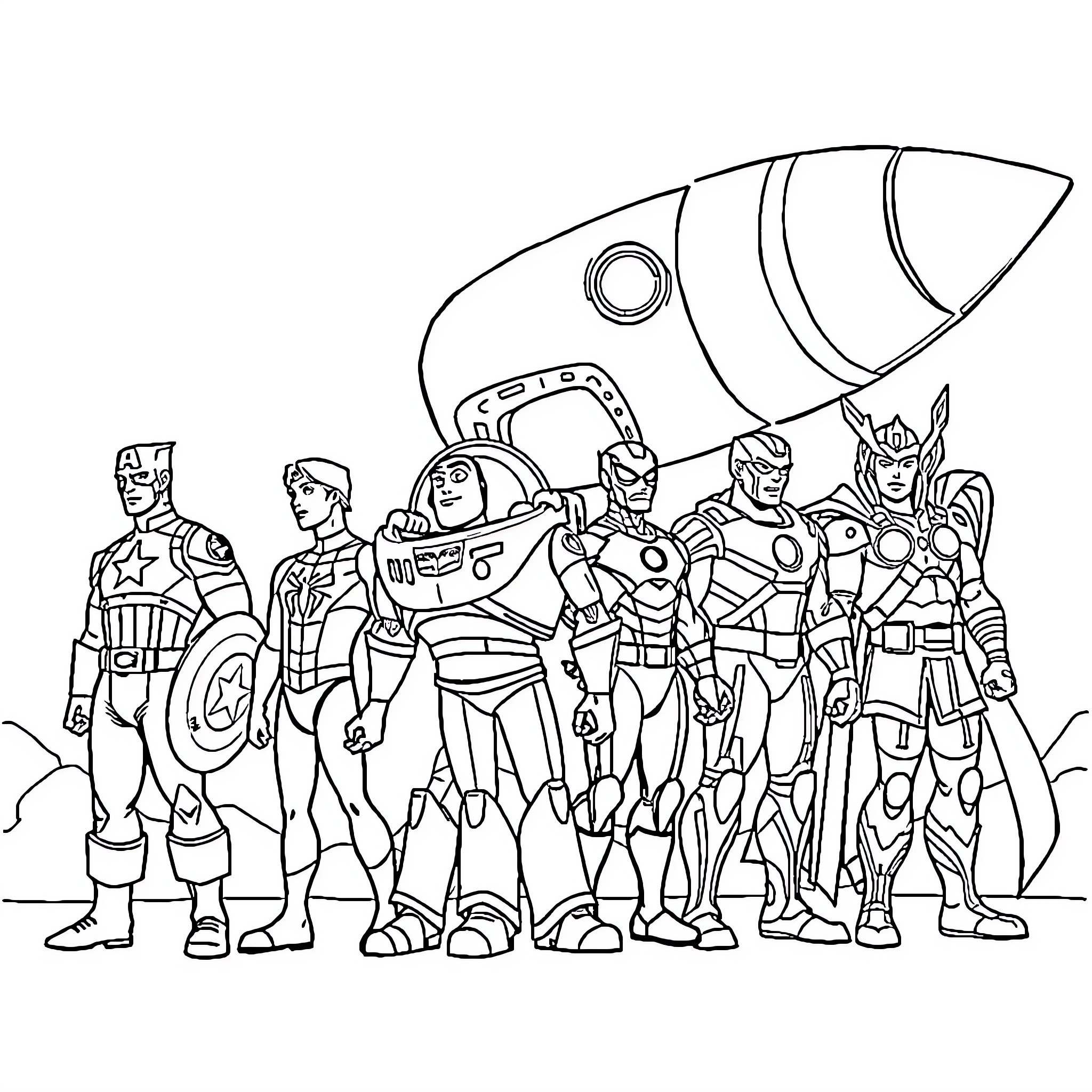 Superhero Team Assembled for Action Coloring Page (free black-and-white line drawing printable PDF for all, from beginners to advanced learners, including children, teens, adults, and seniors)