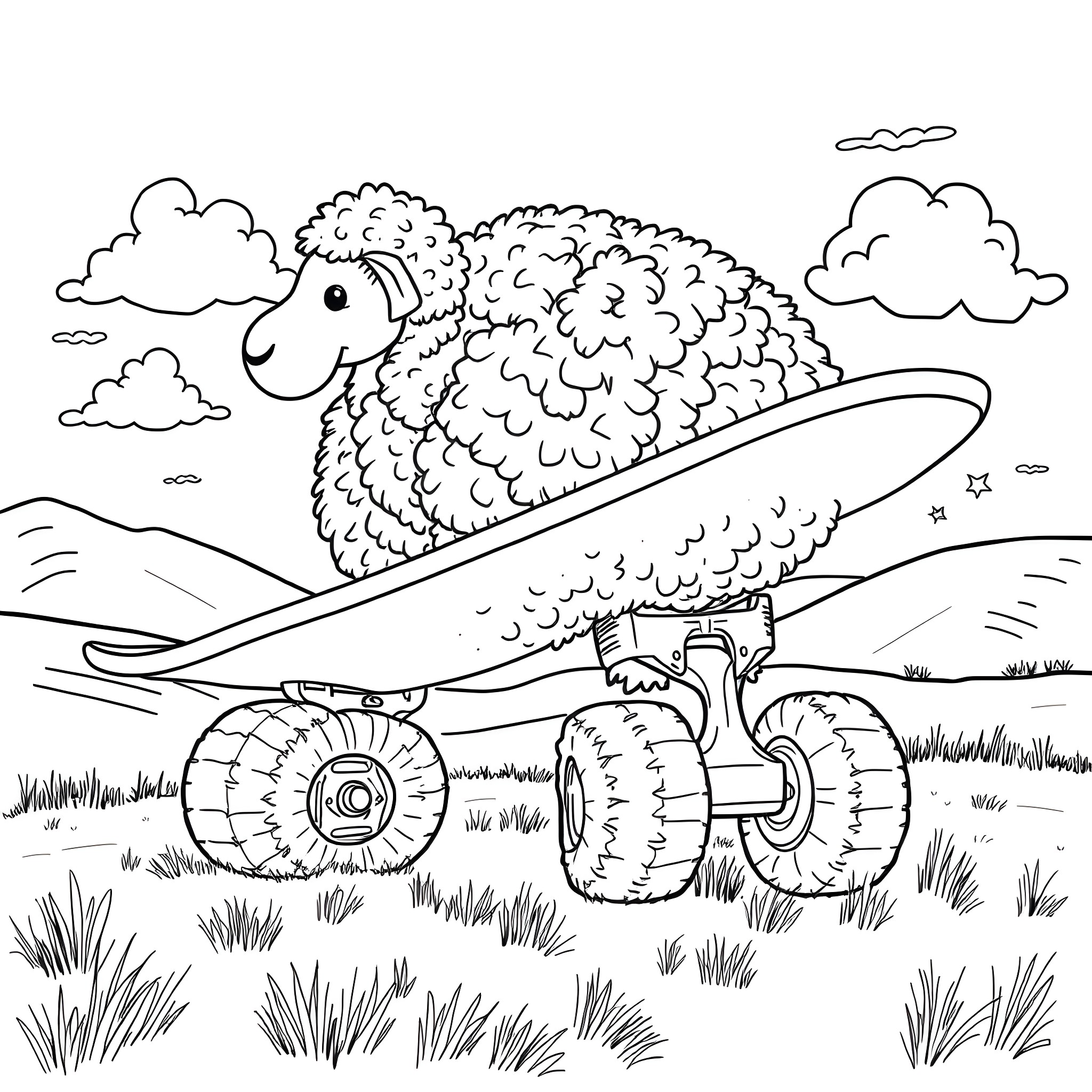 Skateboard-riding sheep in the countryside Coloring Page (free black-and-white line drawing printable PDF for all, from beginners to advanced learners, including children, teens, adults, and seniors)