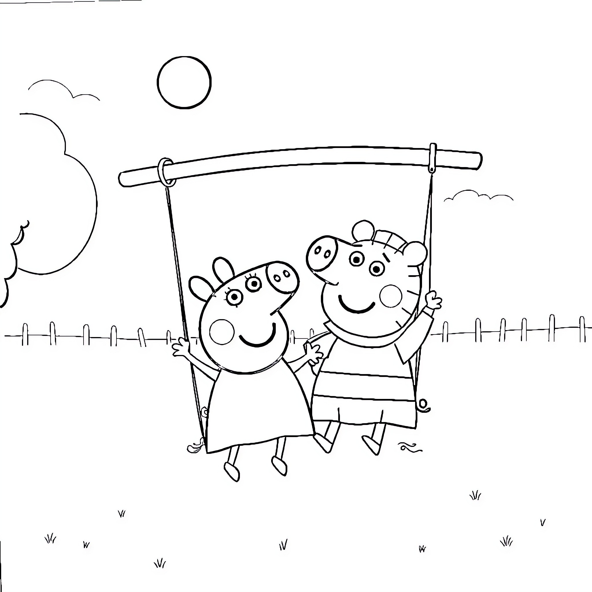 Peppa Pig playing on a swing with friend Coloring Page (free black-and-white line drawing printable PDF for all, from beginners to advanced learners, including children, teens, adults, and seniors)