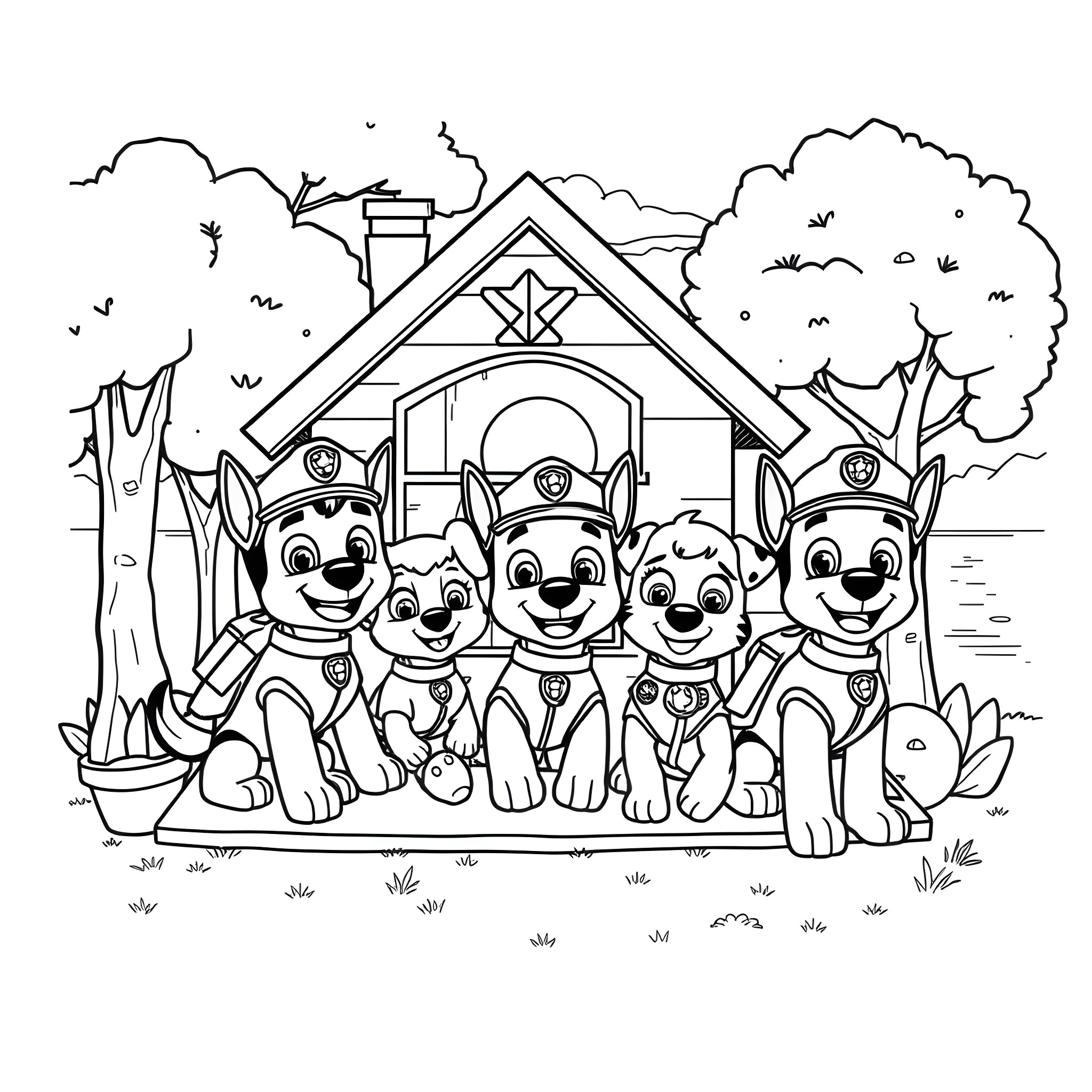 Paw Patrol Pups Gather at the Clubhouse Coloring Page (free black-and-white line drawing printable PDF for all, from beginners to advanced learners, including children, teens, adults, and seniors)
