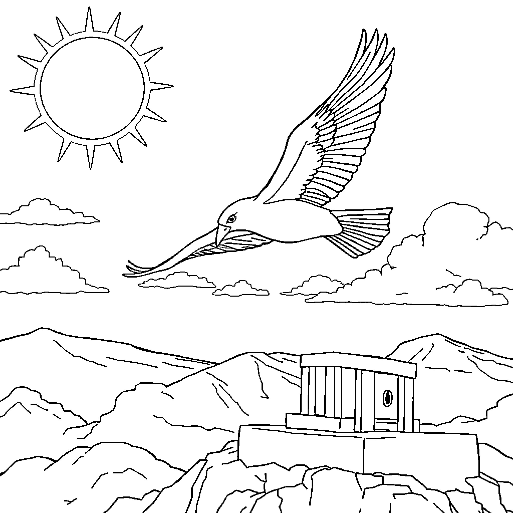 Pigron flying above mountainous landscape Coloring Page (free black-and-white line drawing printable PDF for all, from beginners to advanced learners, including children, teens, adults, and seniors)