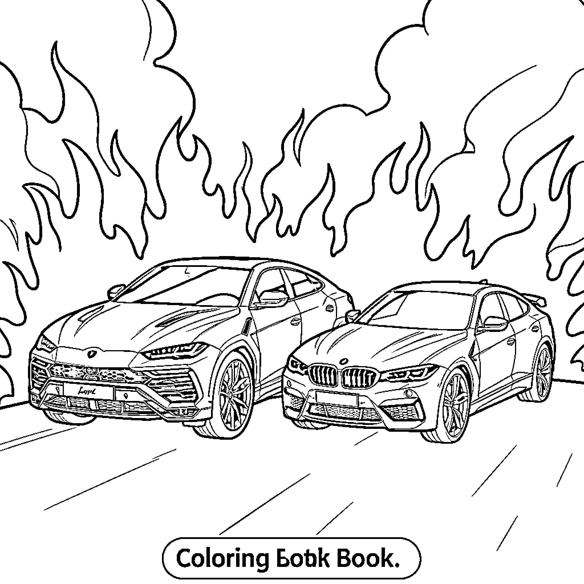 Cars speeding with fire in background Coloring Page (free black-and-white line drawing printable PDF for all, from beginners to advanced learners, including children, teens, adults, and seniors)