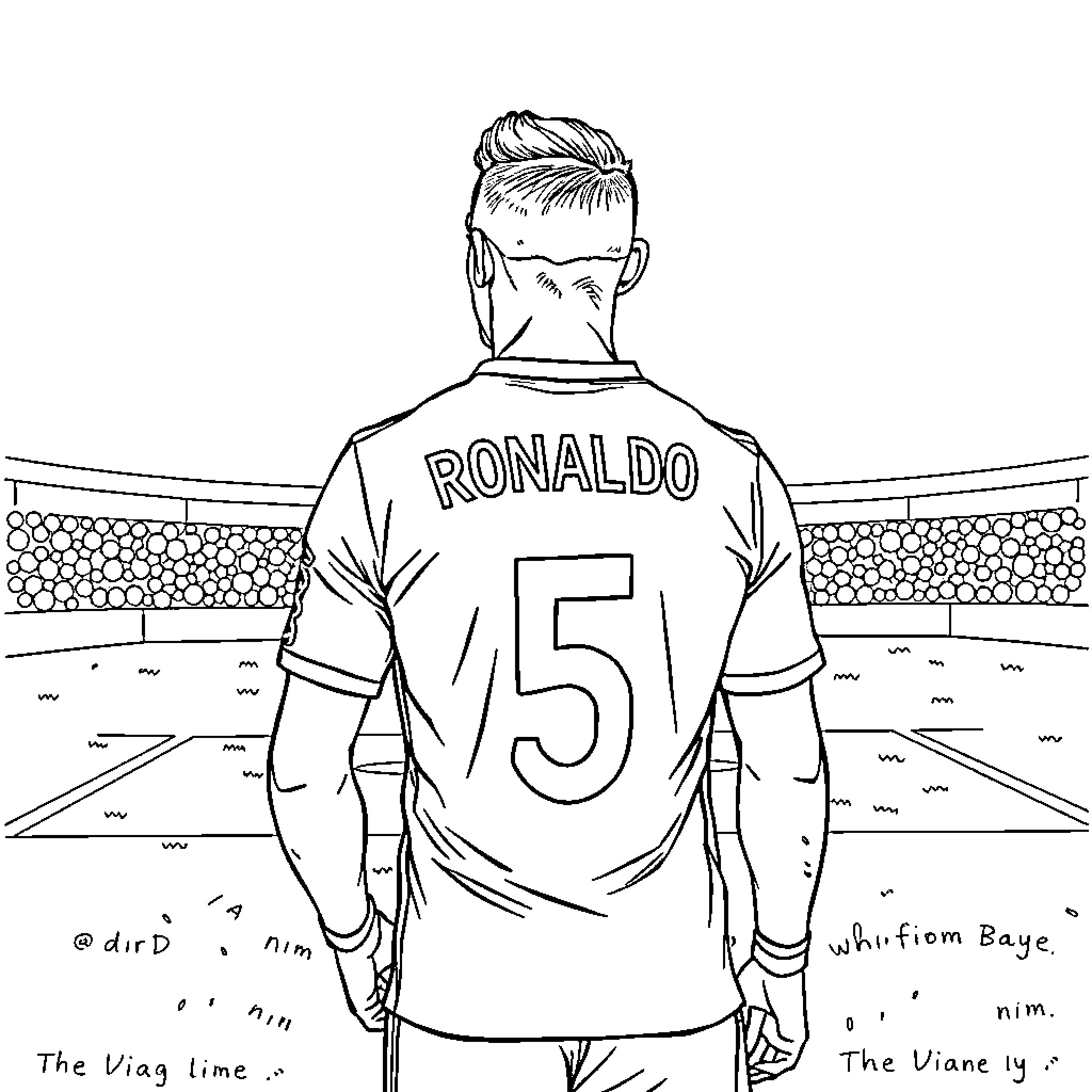 Cristiano Ronaldo standing on a soccer field Coloring Page (free black-and-white line drawing printable PDF for all, from beginners to advanced learners, including children, teens, adults, and seniors)