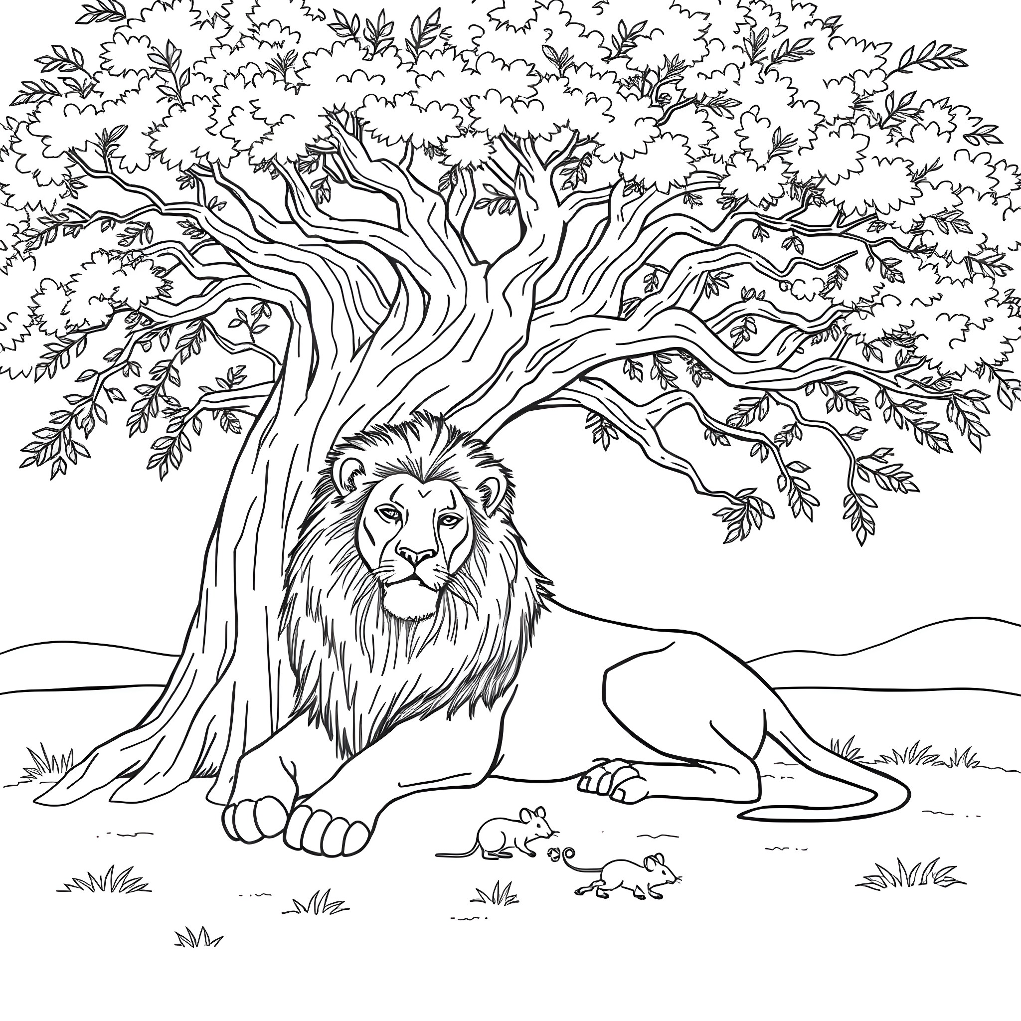 Lion resting under the majestic tree Coloring Page (free black-and-white line drawing printable PDF for all, from beginners to advanced learners, including children, teens, adults, and seniors)