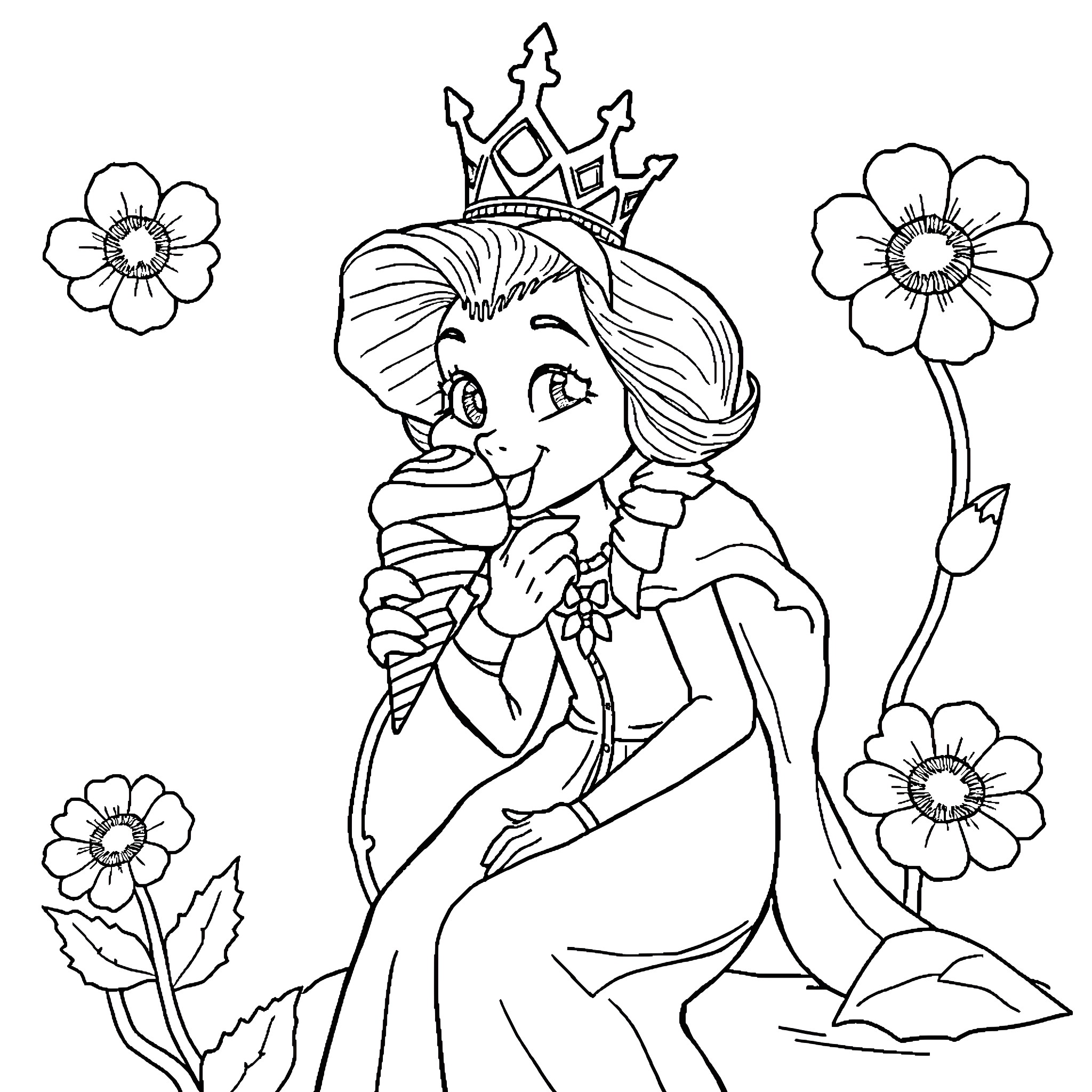 Queen smiling among flowers in elegant gown Coloring Page (free black-and-white line drawing printable PDF for all, from beginners to advanced learners, including children, teens, adults, and seniors)