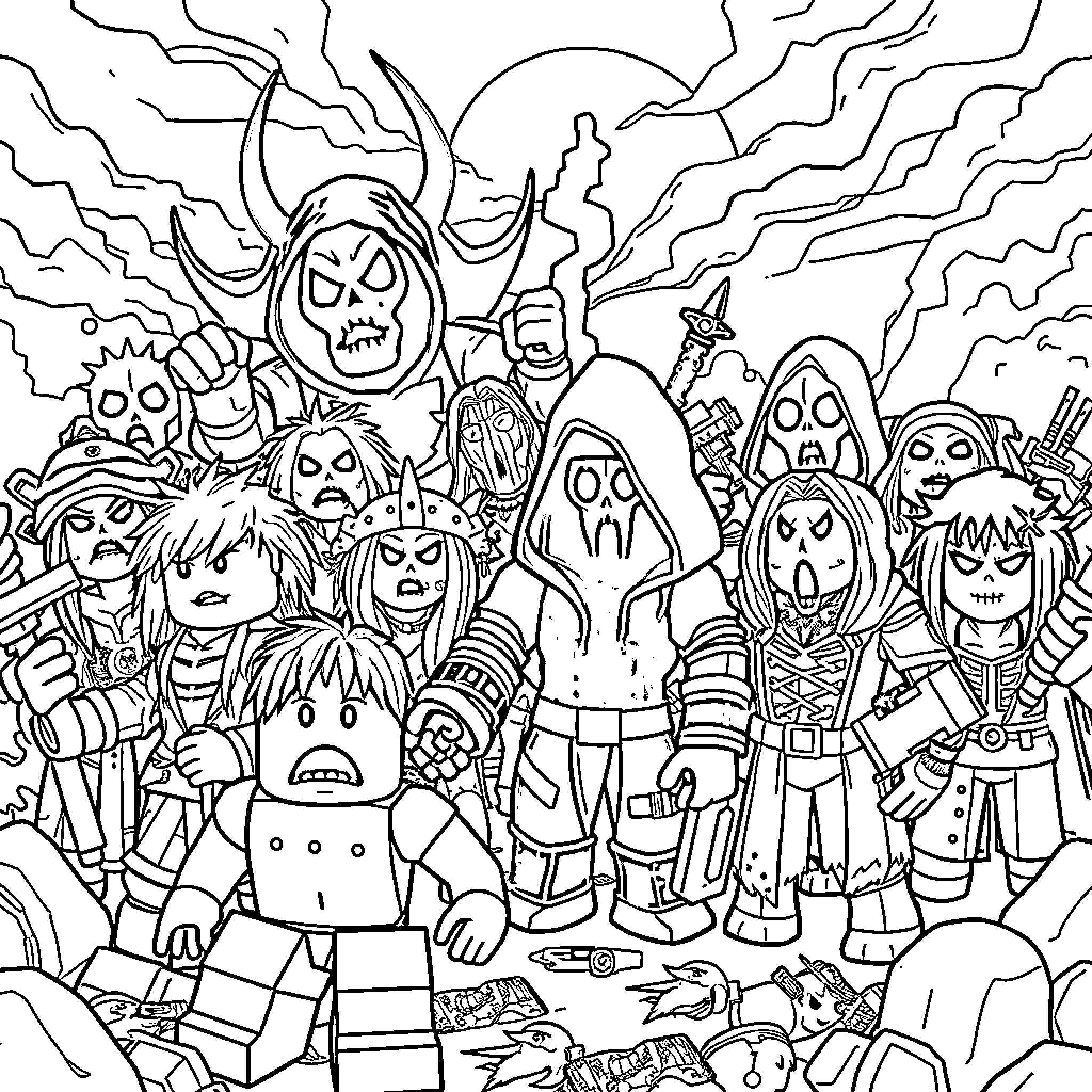 Roblox Character Battle Scene with Diverse Characters Coloring Page (free black-and-white line drawing printable PDF for all, from beginners to advanced learners, including children, teens, adults, and seniors)
