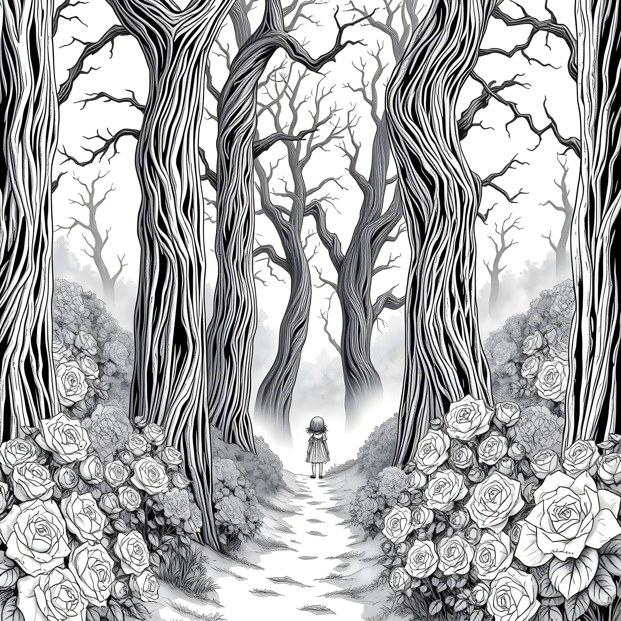 Girl walking through a enchanted forest Coloring Page (free black-and-white line drawing printable PDF for all, from beginners to advanced learners, including children, teens, adults, and seniors)