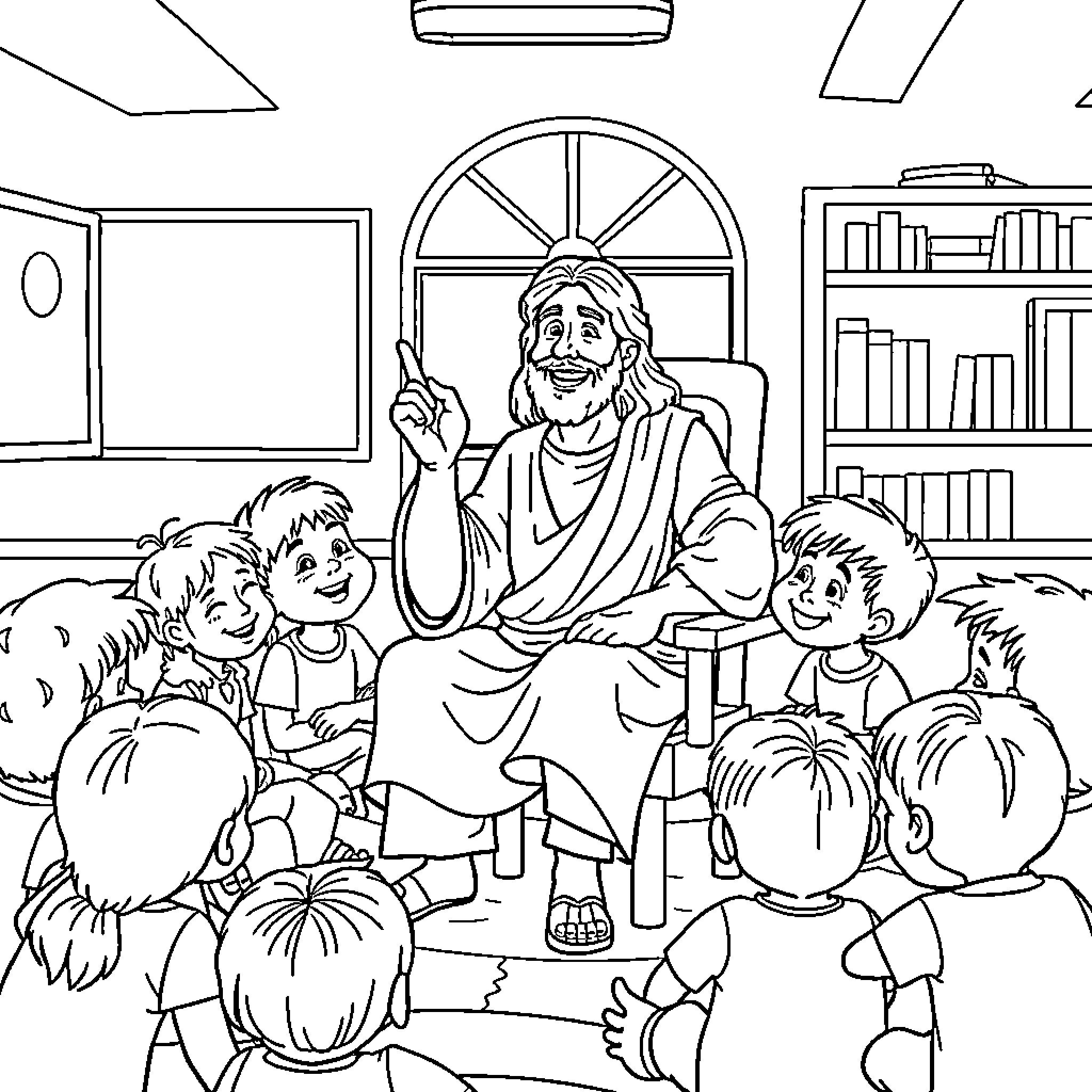 Jesus teaching and interacting with children Coloring Page (free black-and-white line drawing printable PDF for all, from beginners to advanced learners, including children, teens, adults, and seniors)