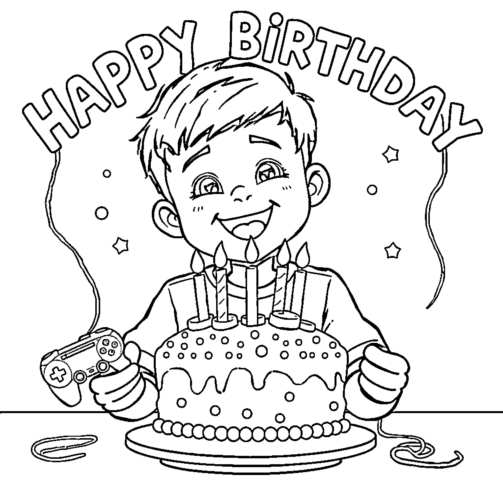 Gaming Controller Birthday Celebration with Cake Coloring Page (free black-and-white line drawing printable PDF for all, from beginners to advanced learners, including children, teens, adults, and seniors)