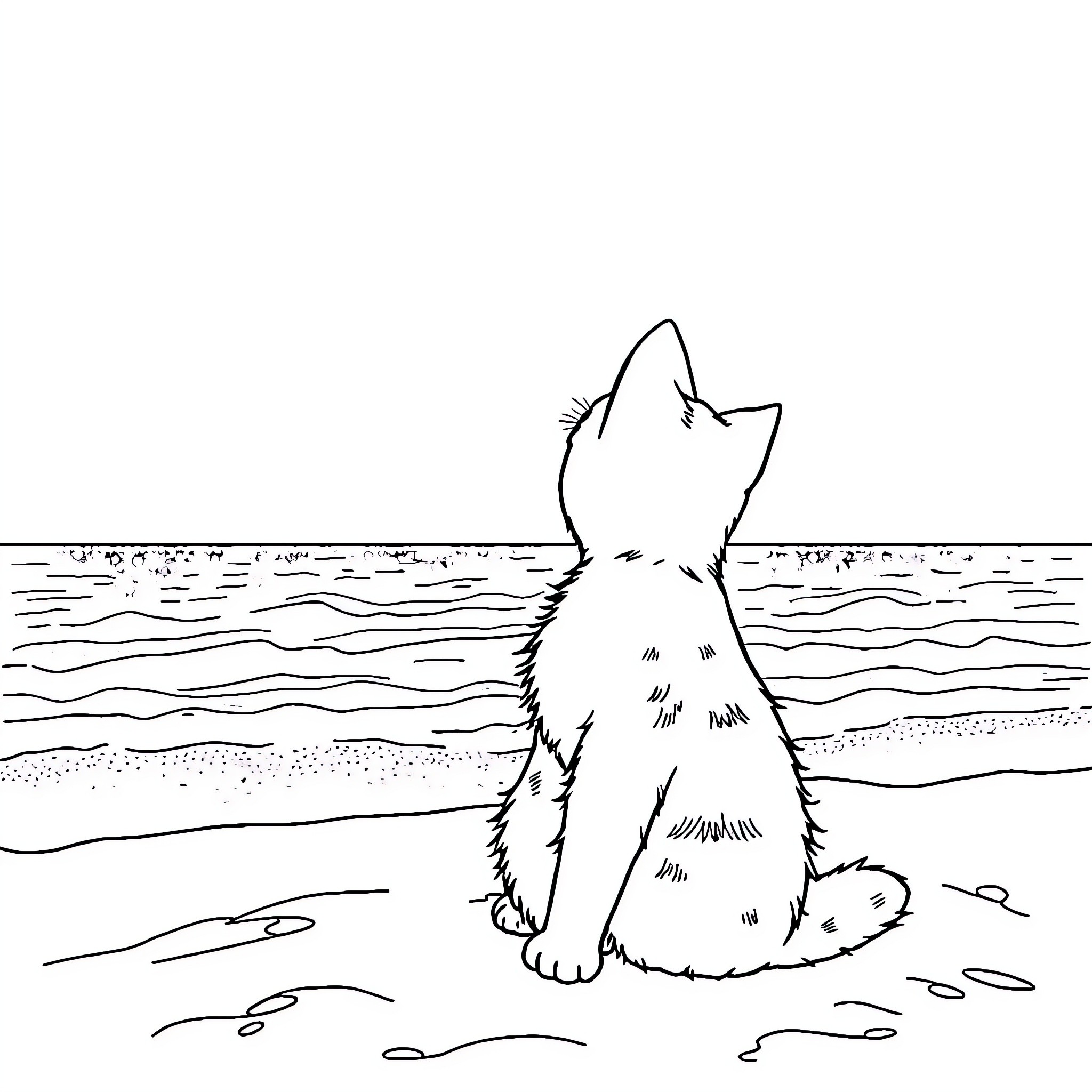 Cat howling at the ocean waves Coloring Page (free black-and-white line drawing printable PDF for all, from beginners to advanced learners, including children, teens, adults, and seniors)