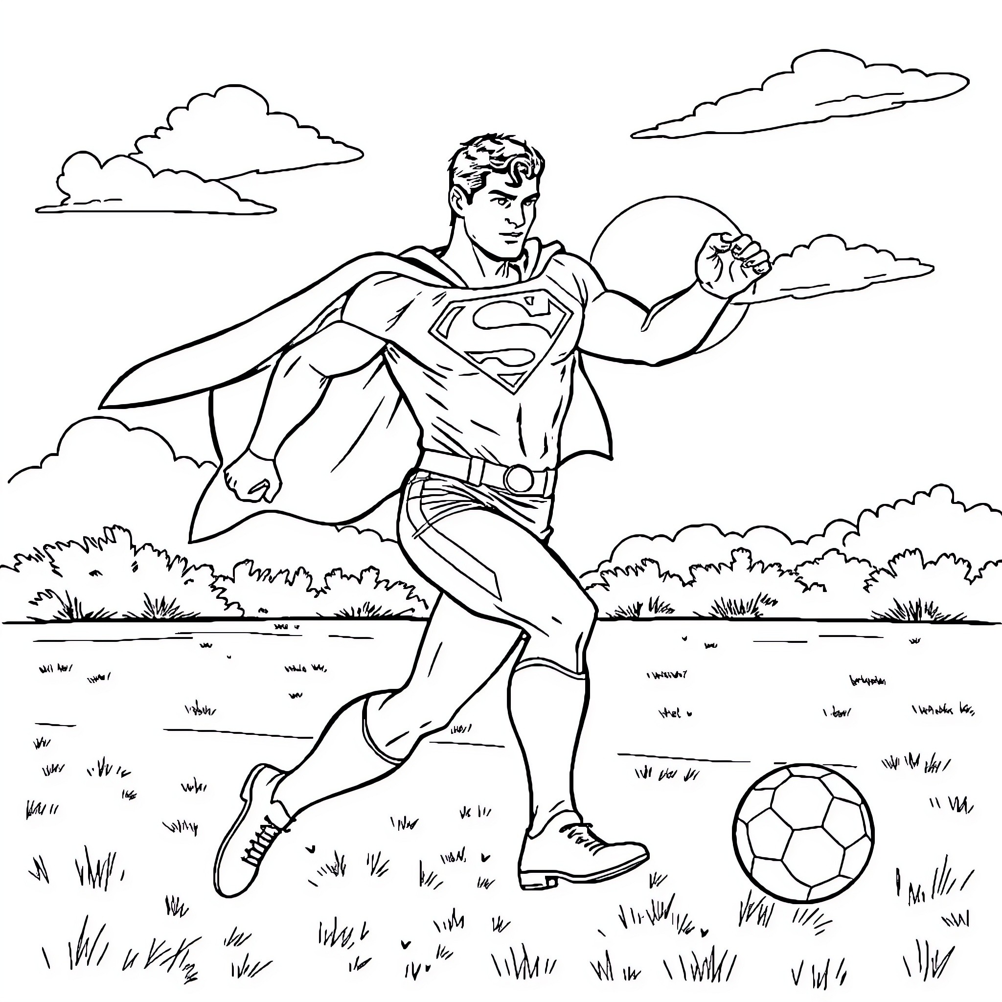 Superman playing with a soccer ball in the park Coloring Page (free black-and-white line drawing printable PDF for all, from beginners to advanced learners, including children, teens, adults, and seniors)