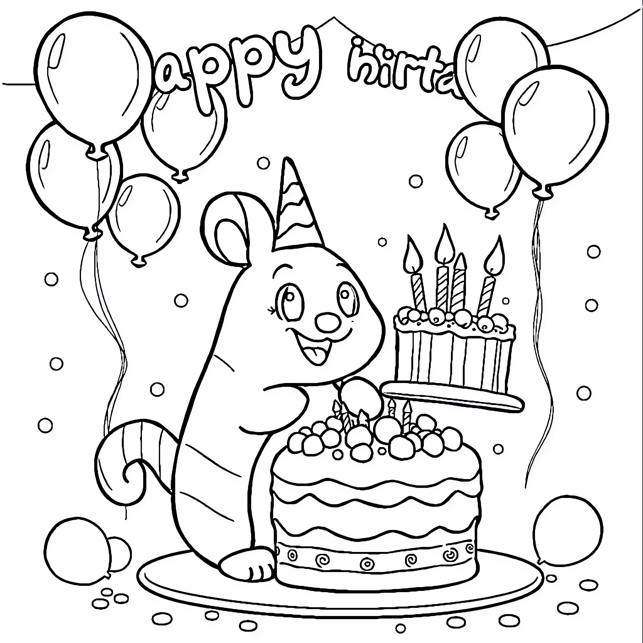 Cinnamonroll celebrating happy birthday with cake and balloons Coloring Page (free black-and-white line drawing printable PDF for all, from beginners to advanced learners, including children, teens, adults, and seniors)