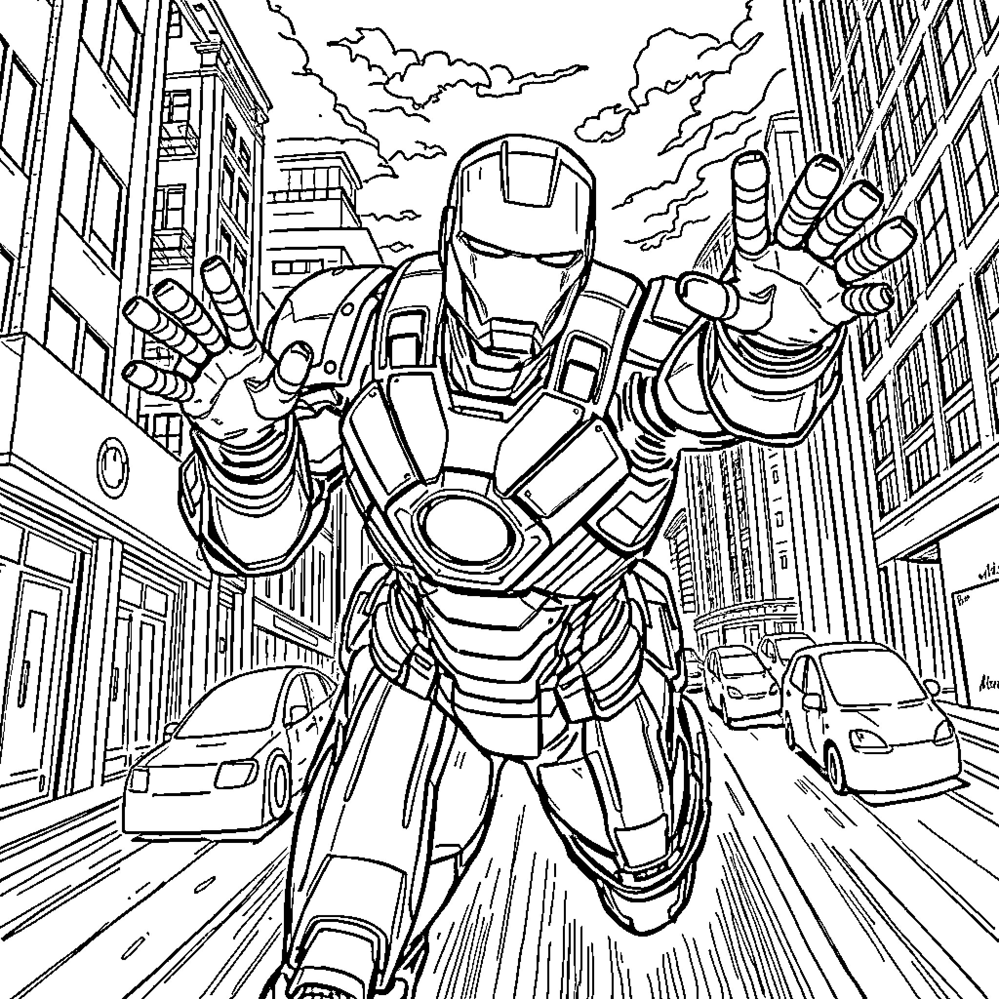 Chase through the city with high-tech hero Coloring Page (free black-and-white line drawing printable PDF for all, from beginners to advanced learners, including children, teens, adults, and seniors)
