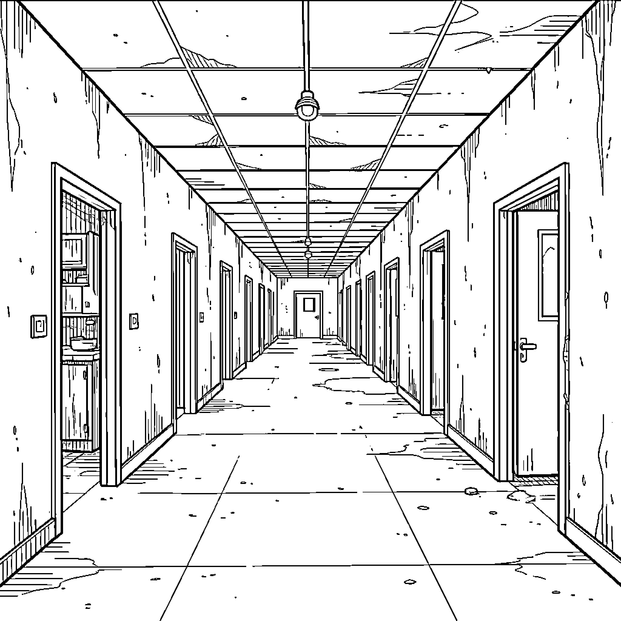 Bathroom doors lining a long empty hallway Coloring Page (free black-and-white line drawing printable PDF for all, from beginners to advanced learners, including children, teens, adults, and seniors)