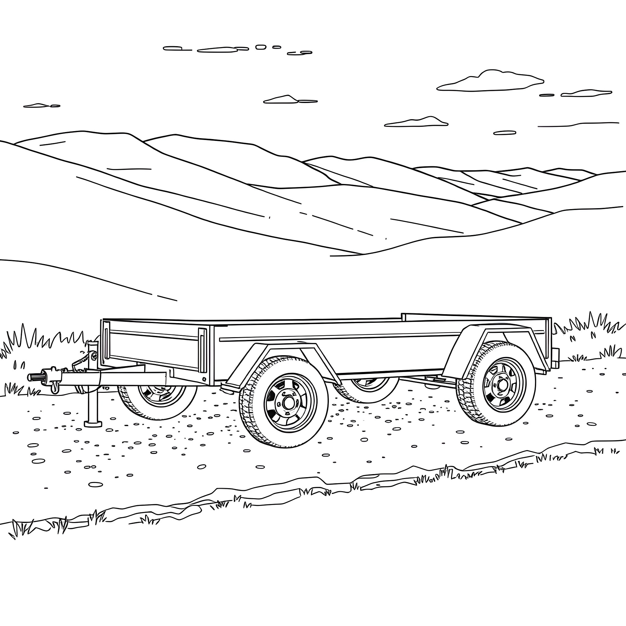Car Trailer in Rural Landscape Coloring Page (free black-and-white line drawing printable PDF for all, from beginners to advanced learners, including children, teens, adults, and seniors)