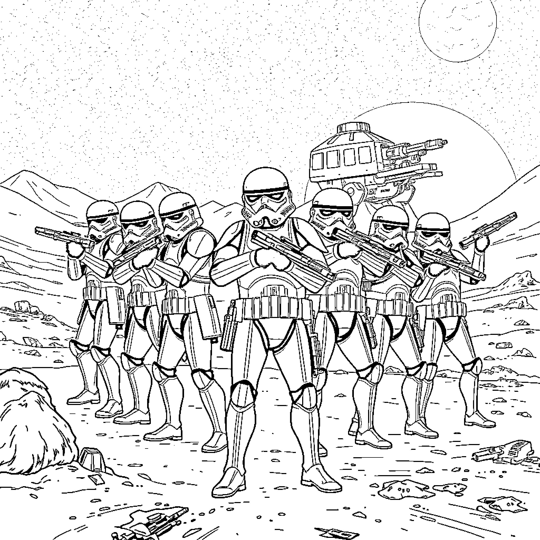 Clone Troopers in an Action-Packed Scene Coloring Page (free black-and-white line drawing printable PDF for all, from beginners to advanced learners, including children, teens, adults, and seniors)