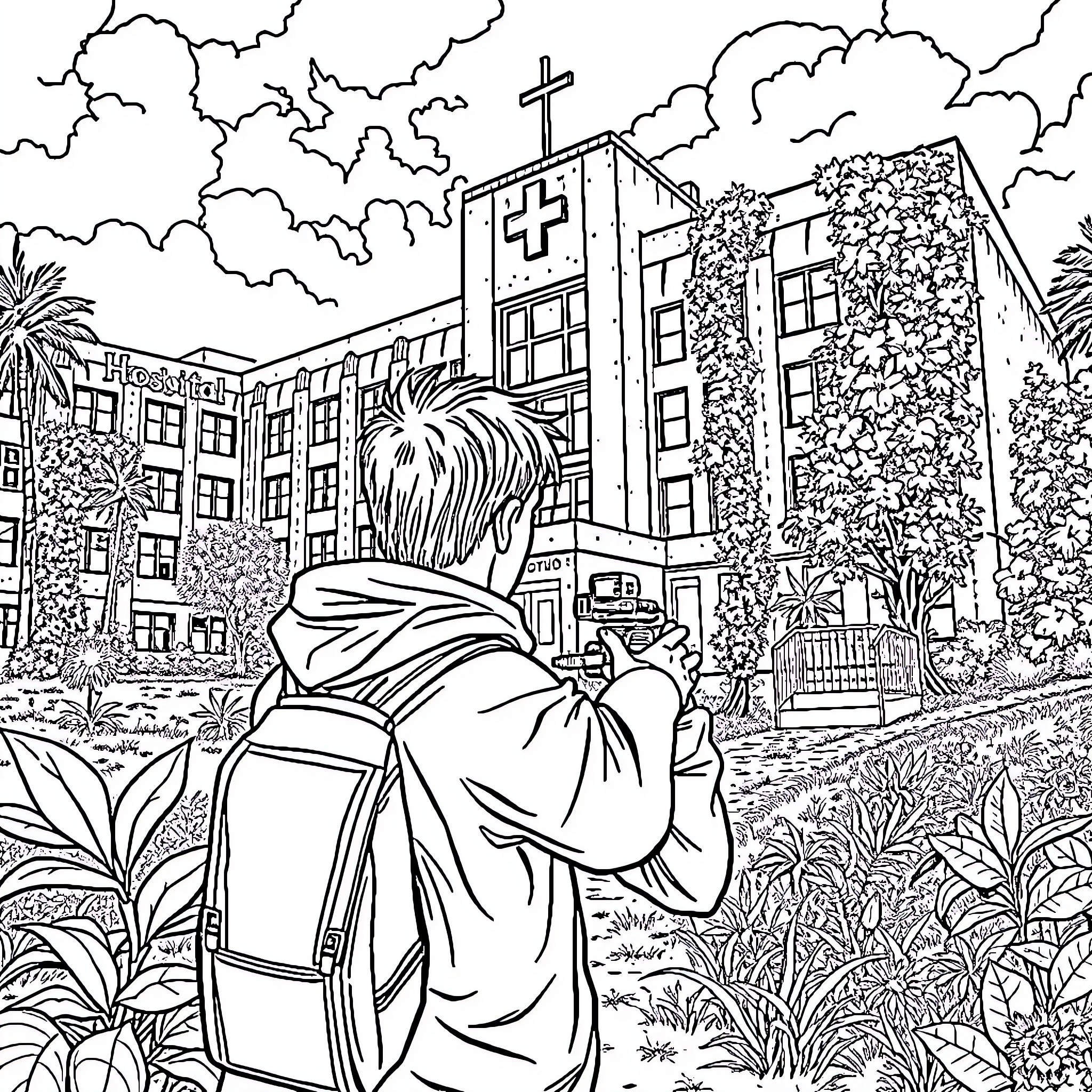 Youtuber explores religious campus with curiosity Coloring Page (free black-and-white line drawing printable PDF for all, from beginners to advanced learners, including children, teens, adults, and seniors)