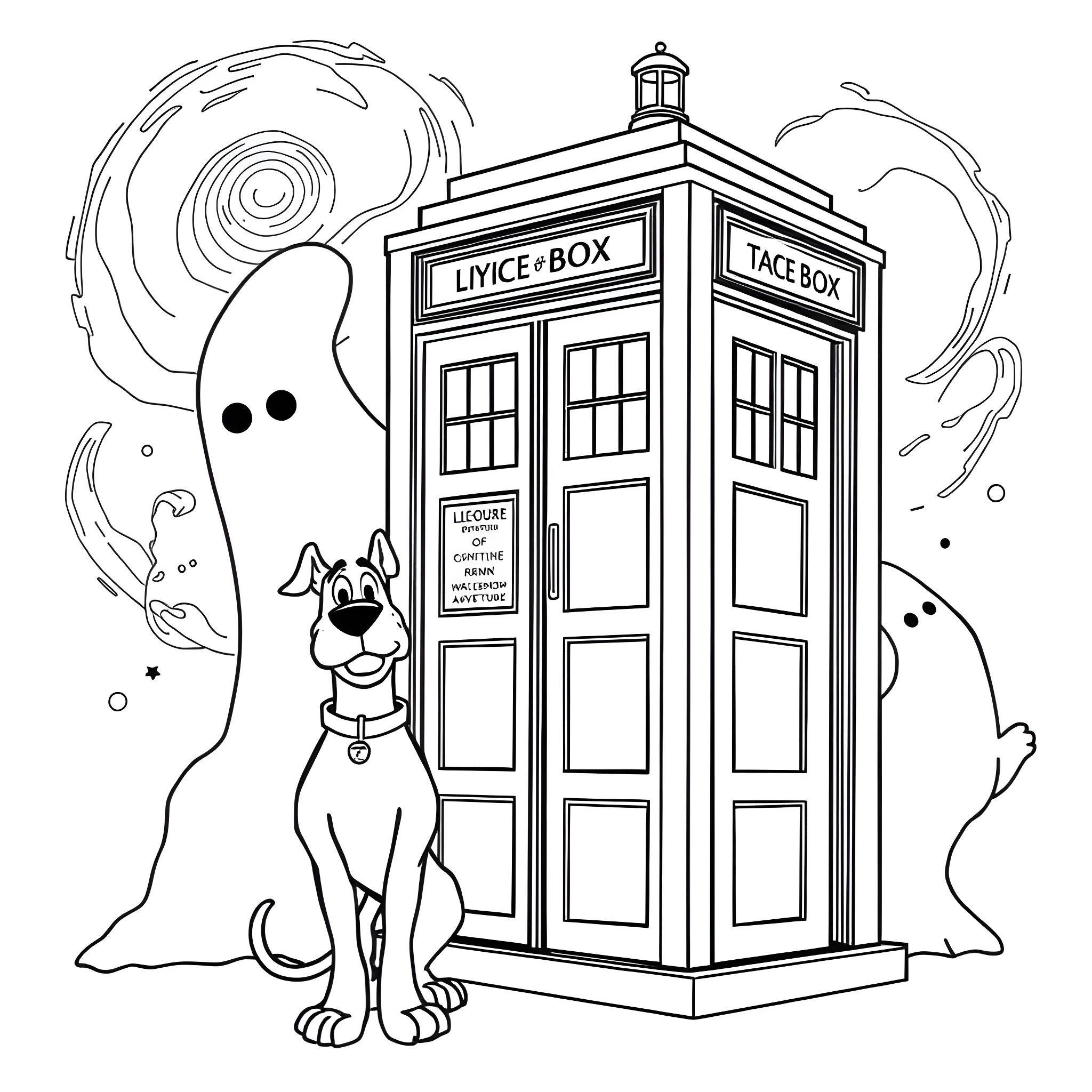 Scooby Doo and the Mysterious Police Box Coloring Page (free black-and-white line drawing printable PDF for all, from beginners to advanced learners, including children, teens, adults, and seniors)