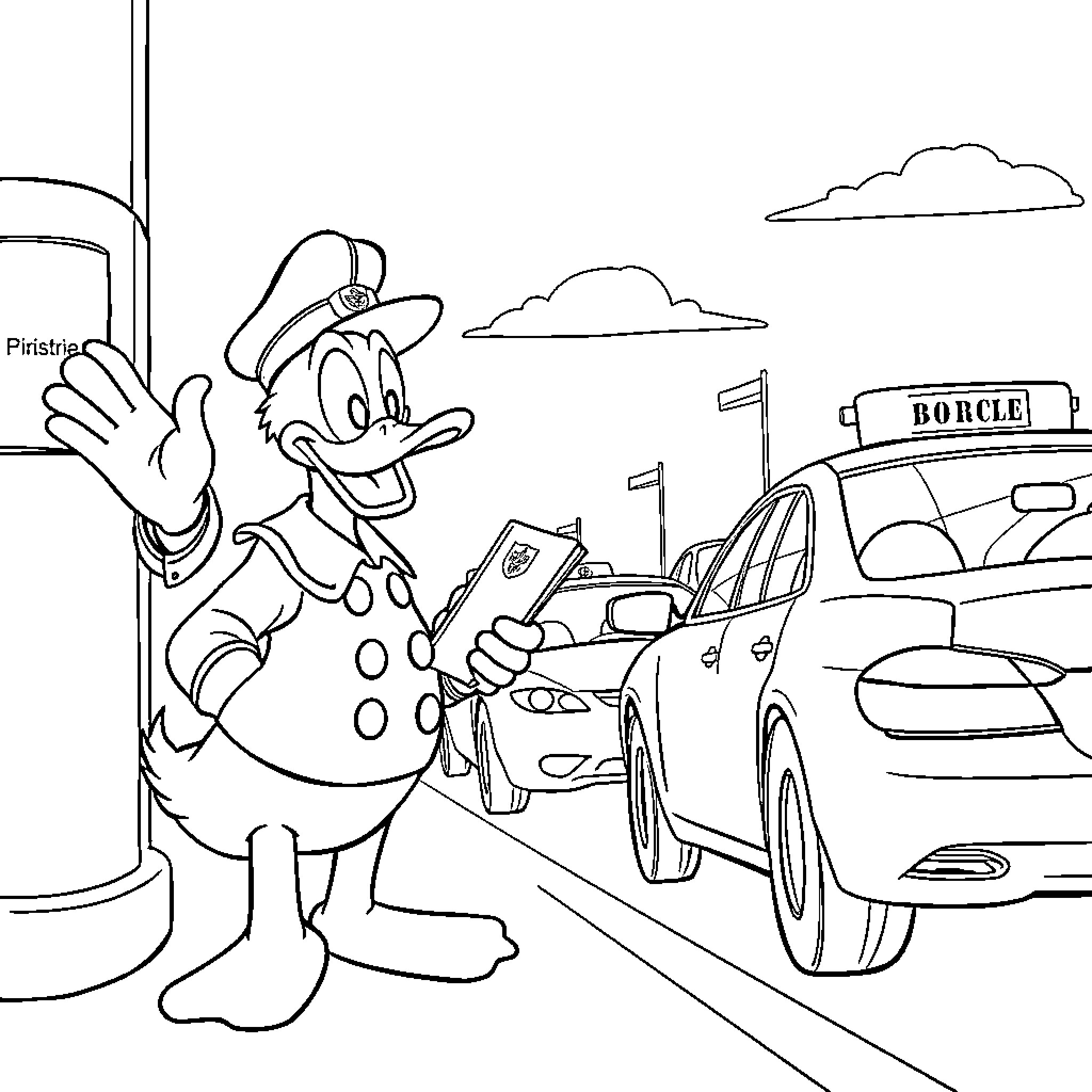 Donald Duck pumping gas at the station Coloring Page (free black-and-white line drawing printable PDF for all, from beginners to advanced learners, including children, teens, adults, and seniors)