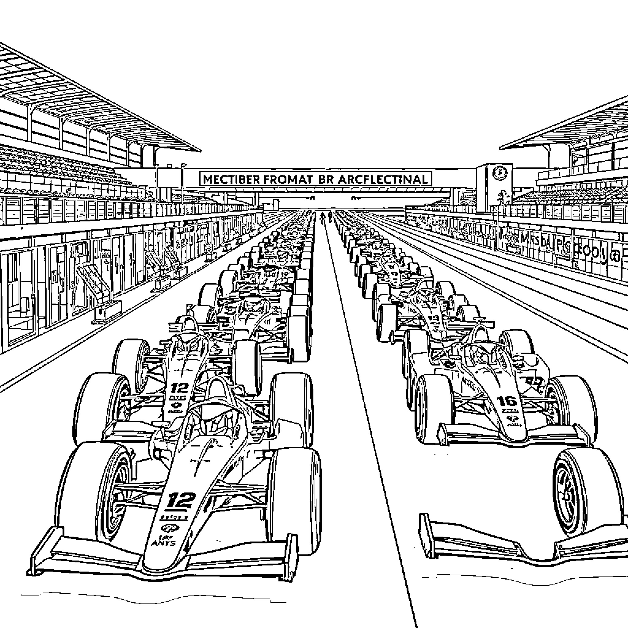 Formula 1 Cars Racing on the Track Coloring Page (free black-and-white line drawing printable PDF for all, from beginners to advanced learners, including children, teens, adults, and seniors)