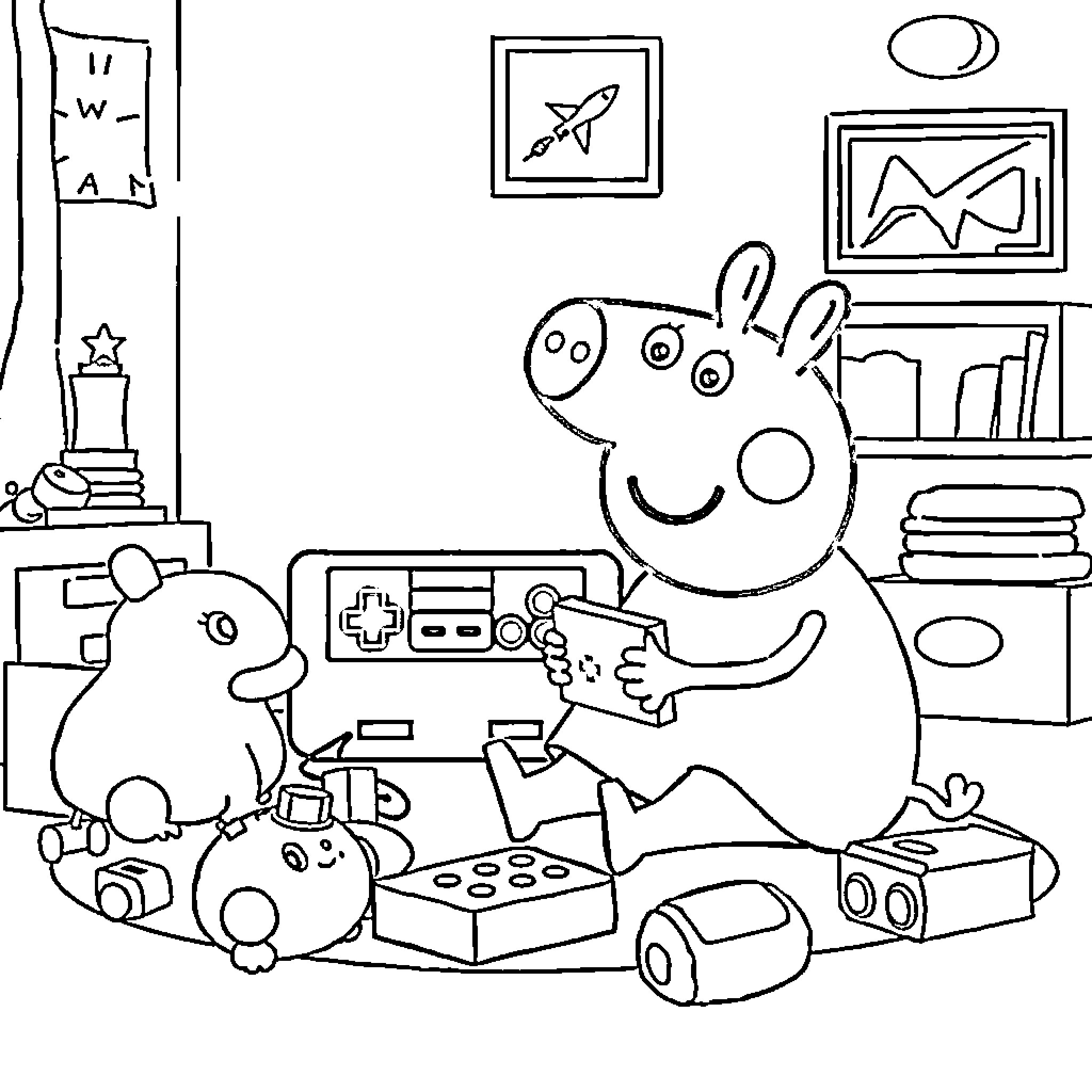 Peppa Pig playing video games with friends Coloring Page (free black-and-white line drawing printable PDF for all, from beginners to advanced learners, including children, teens, adults, and seniors)