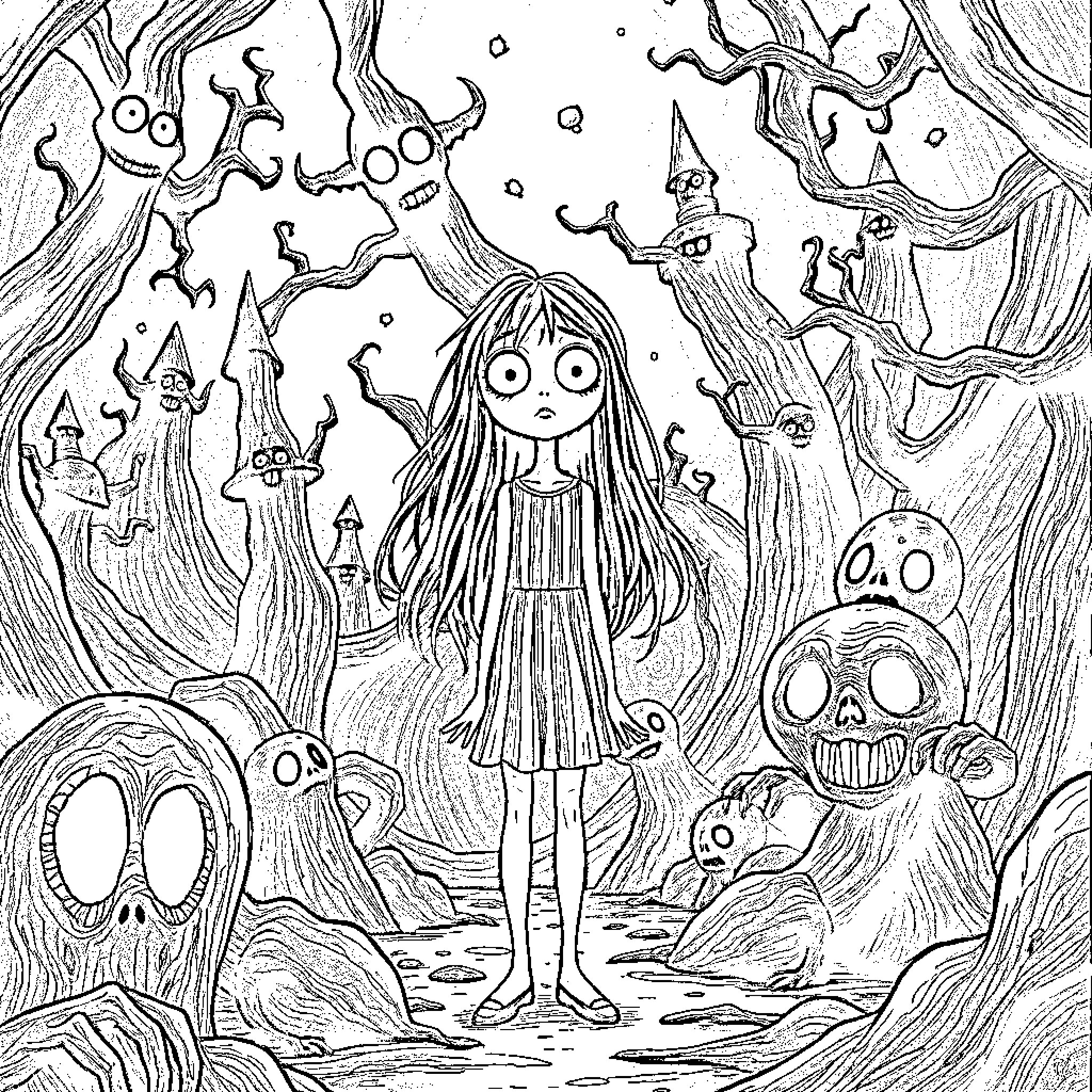Coraline Exploring the Strange and Whimsical Underworld Coloring Page (free black-and-white line drawing printable PDF for all, from beginners to advanced learners, including children, teens, adults, and seniors)