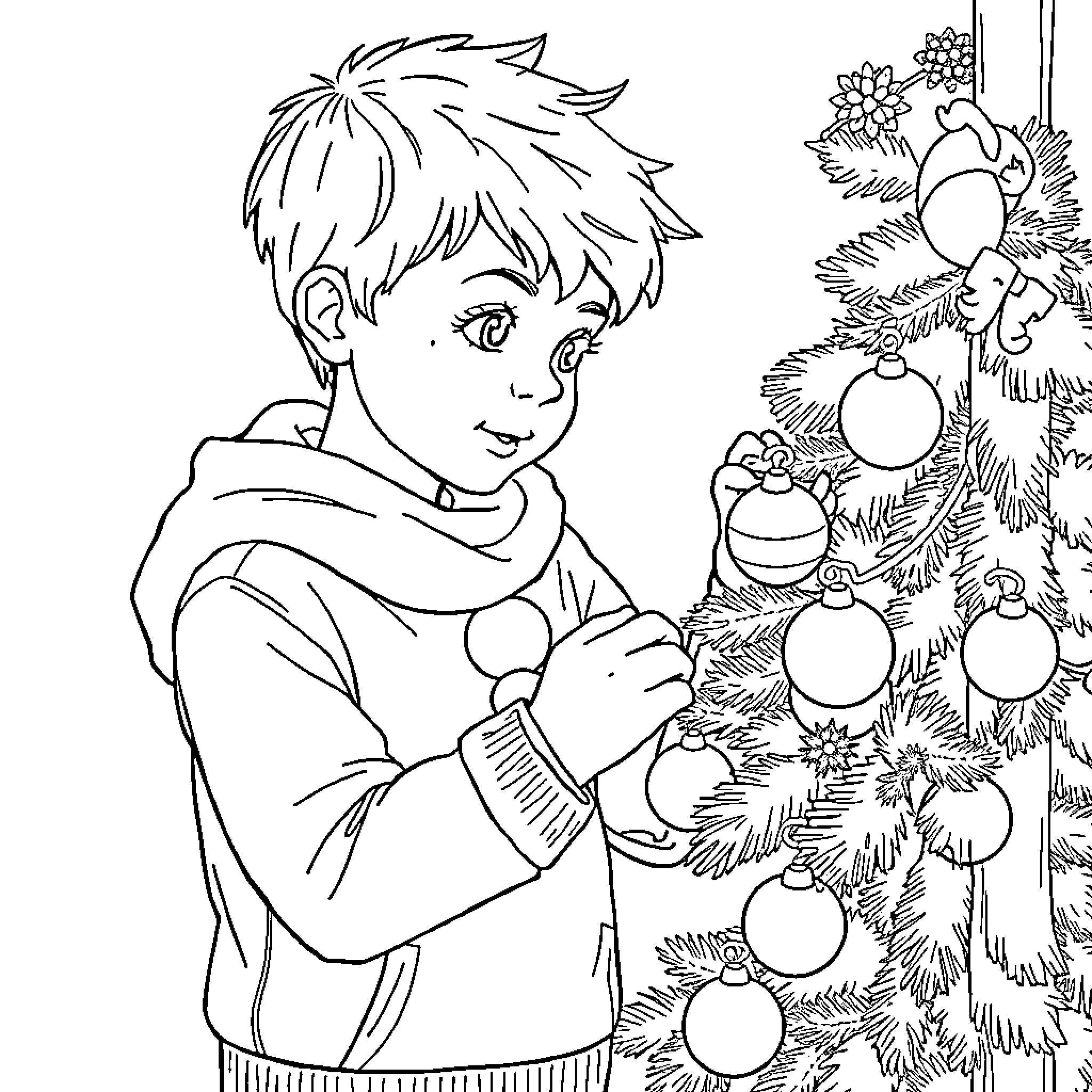 Enfant decorating Christmas tree with ornaments Coloring Page (free black-and-white line drawing printable PDF for all, from beginners to advanced learners, including children, teens, adults, and seniors)