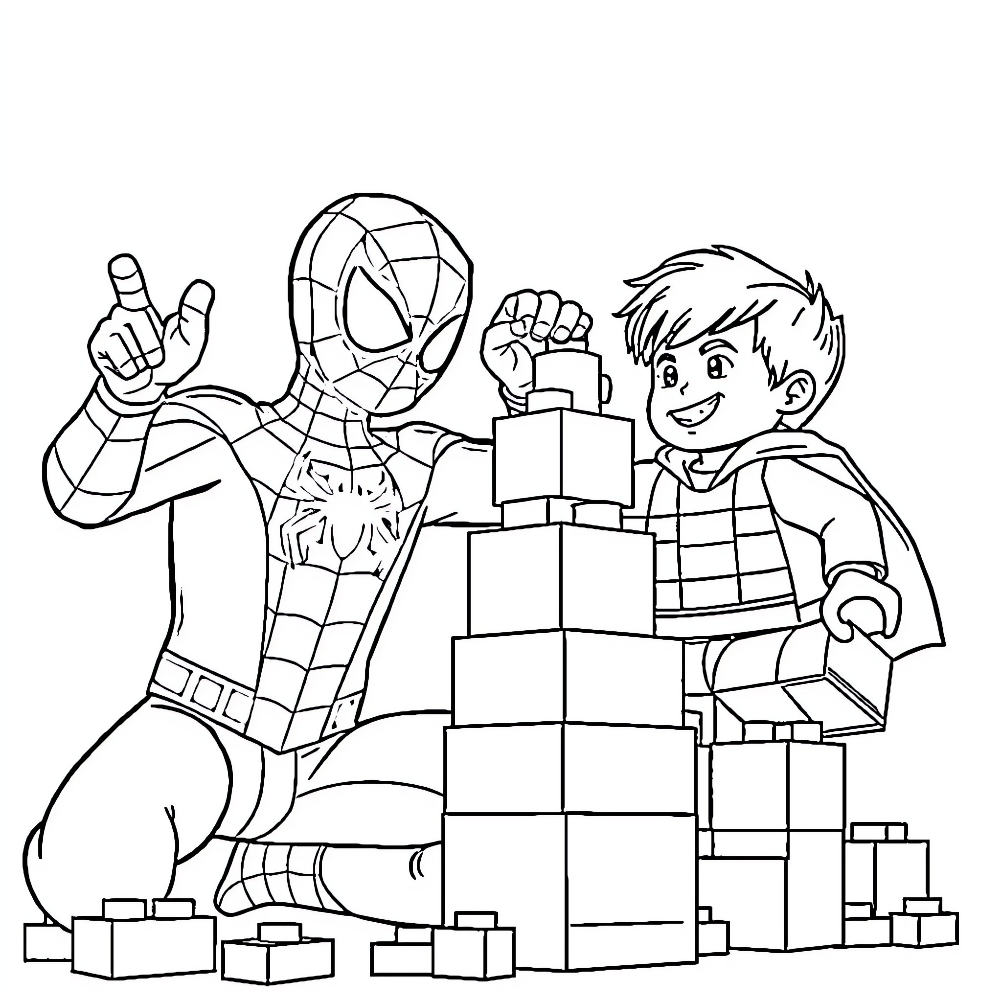 Spiderman and boy playing with building blocks Coloring Page (free black-and-white line drawing printable PDF for all, from beginners to advanced learners, including children, teens, adults, and seniors)