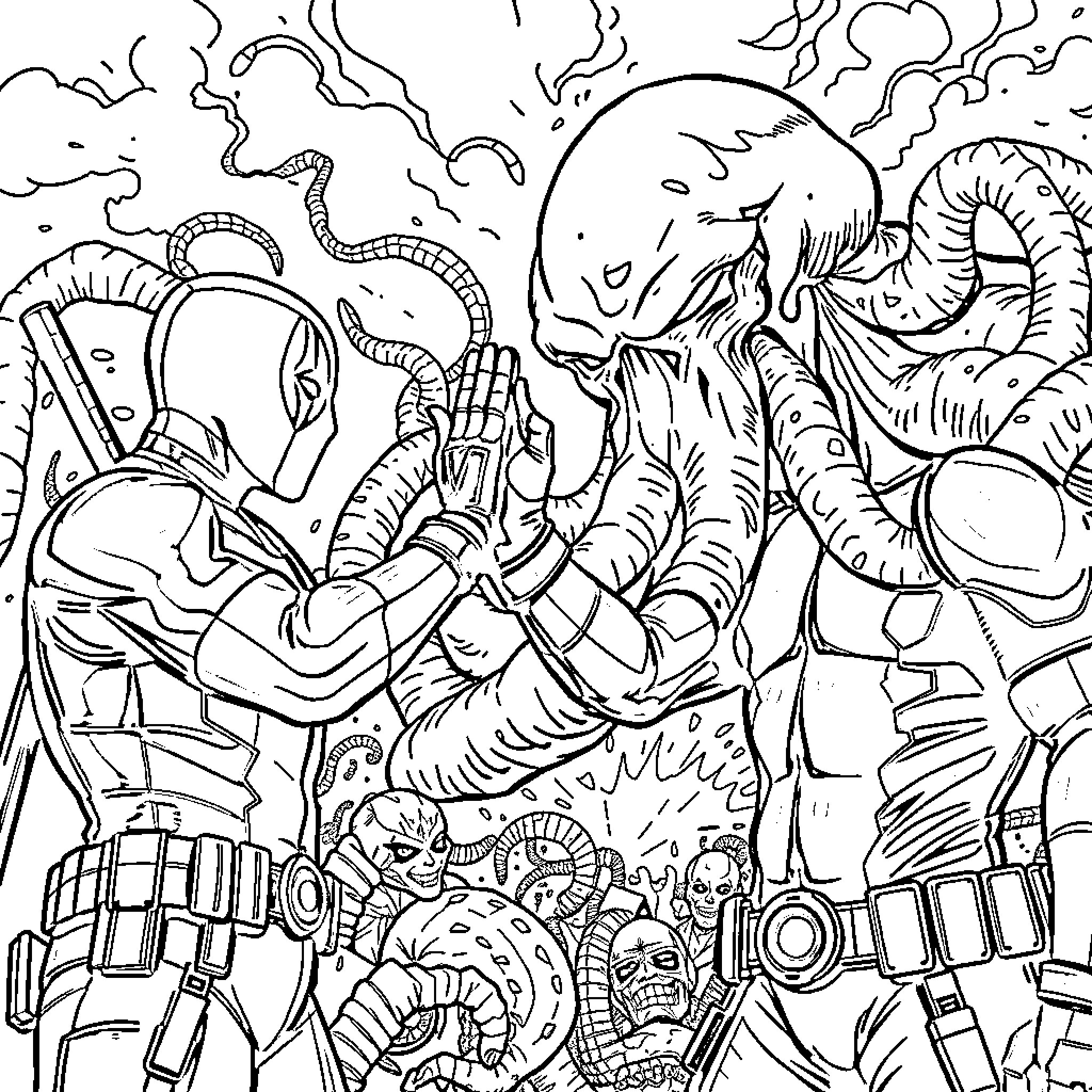 Deadpool's Chaotic Adventure in a Surreal Sci-Fi Landscape Coloring Page (free black-and-white line drawing printable PDF for all, from beginners to advanced learners, including children, teens, adults, and seniors)