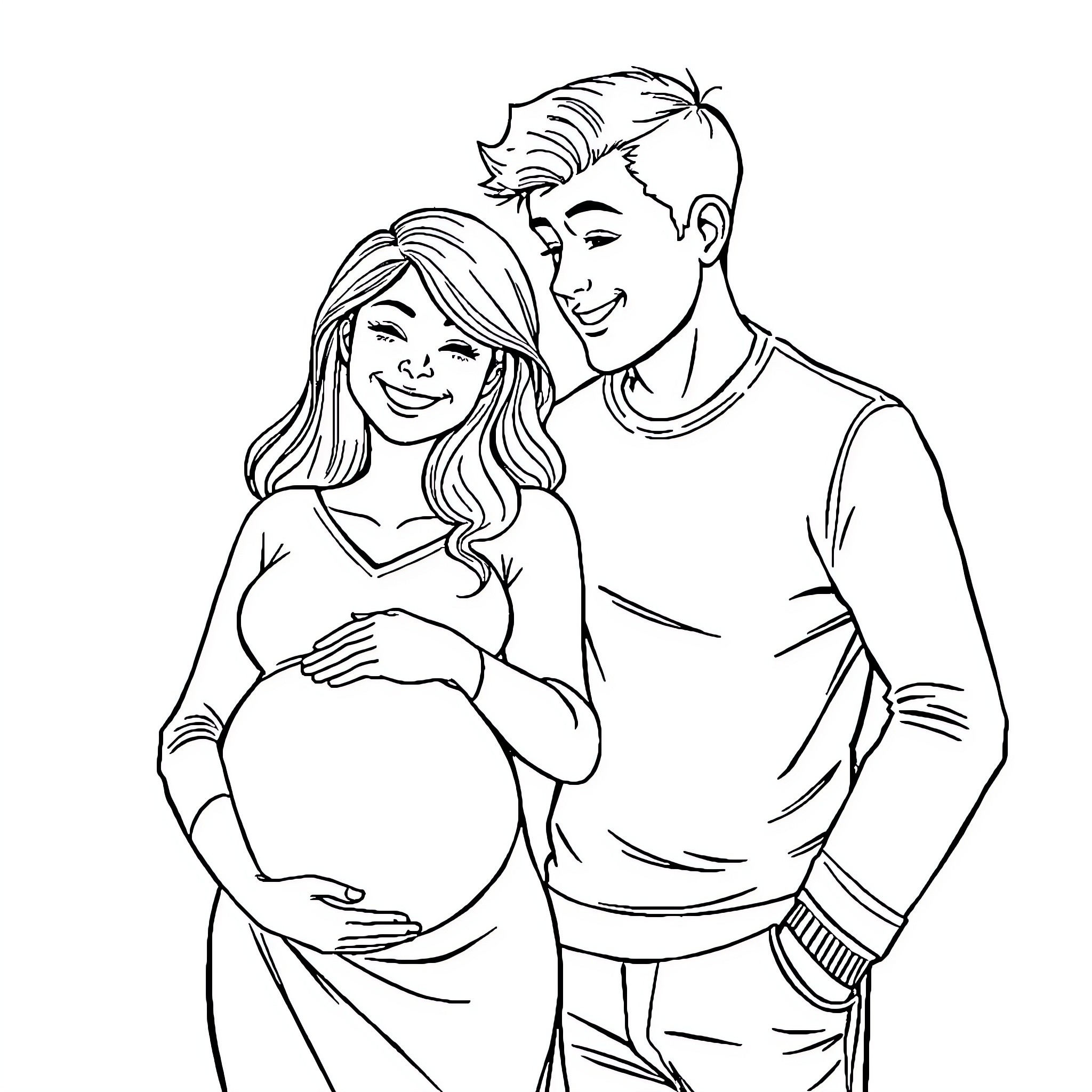 Pregnant Woman and Her Supportive Partner Coloring Page (free black-and-white line drawing printable PDF for all, from beginners to advanced learners, including children, teens, adults, and seniors)