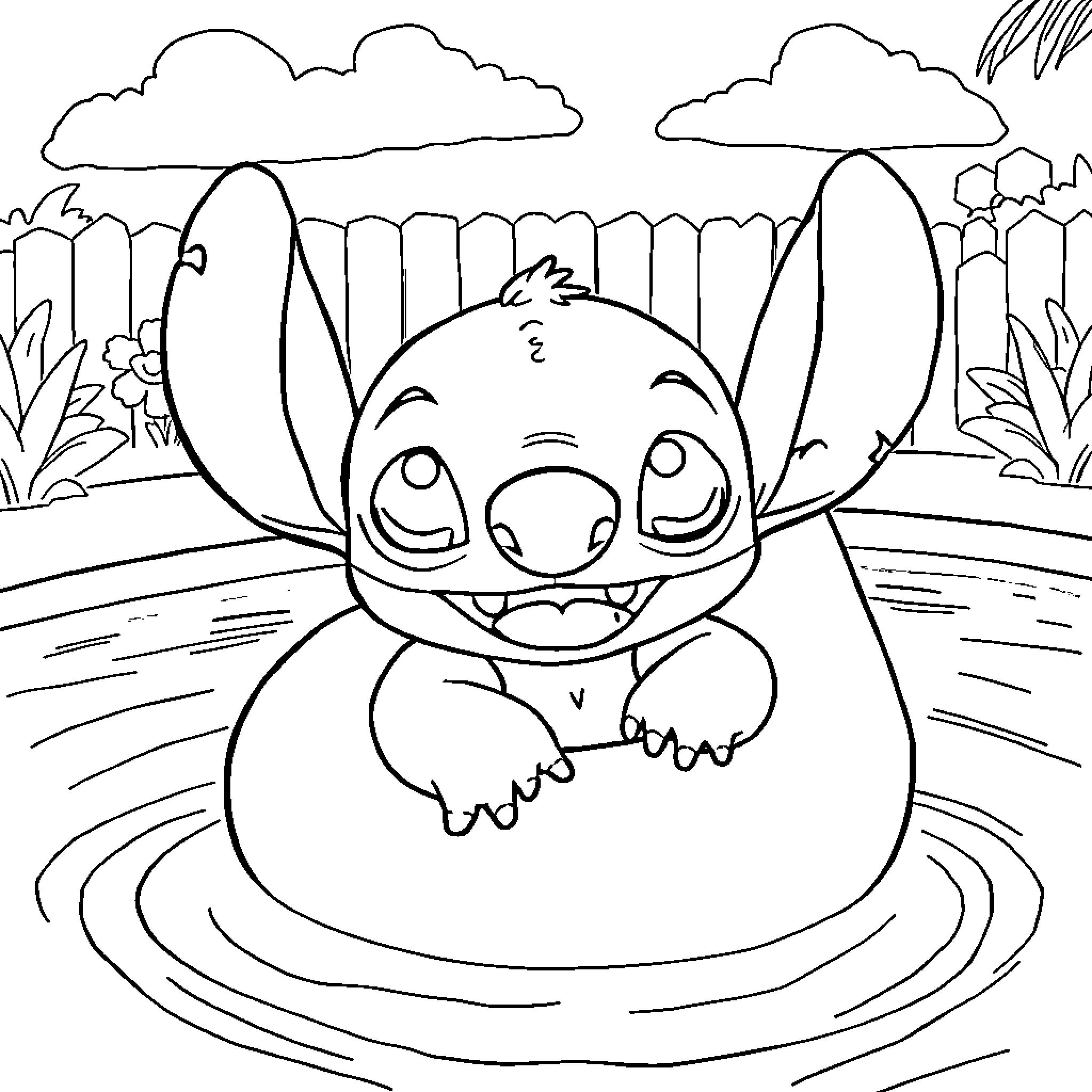 Stitch playing happily in the pond Coloring Page (free black-and-white line drawing printable PDF for all, from beginners to advanced learners, including children, teens, adults, and seniors)