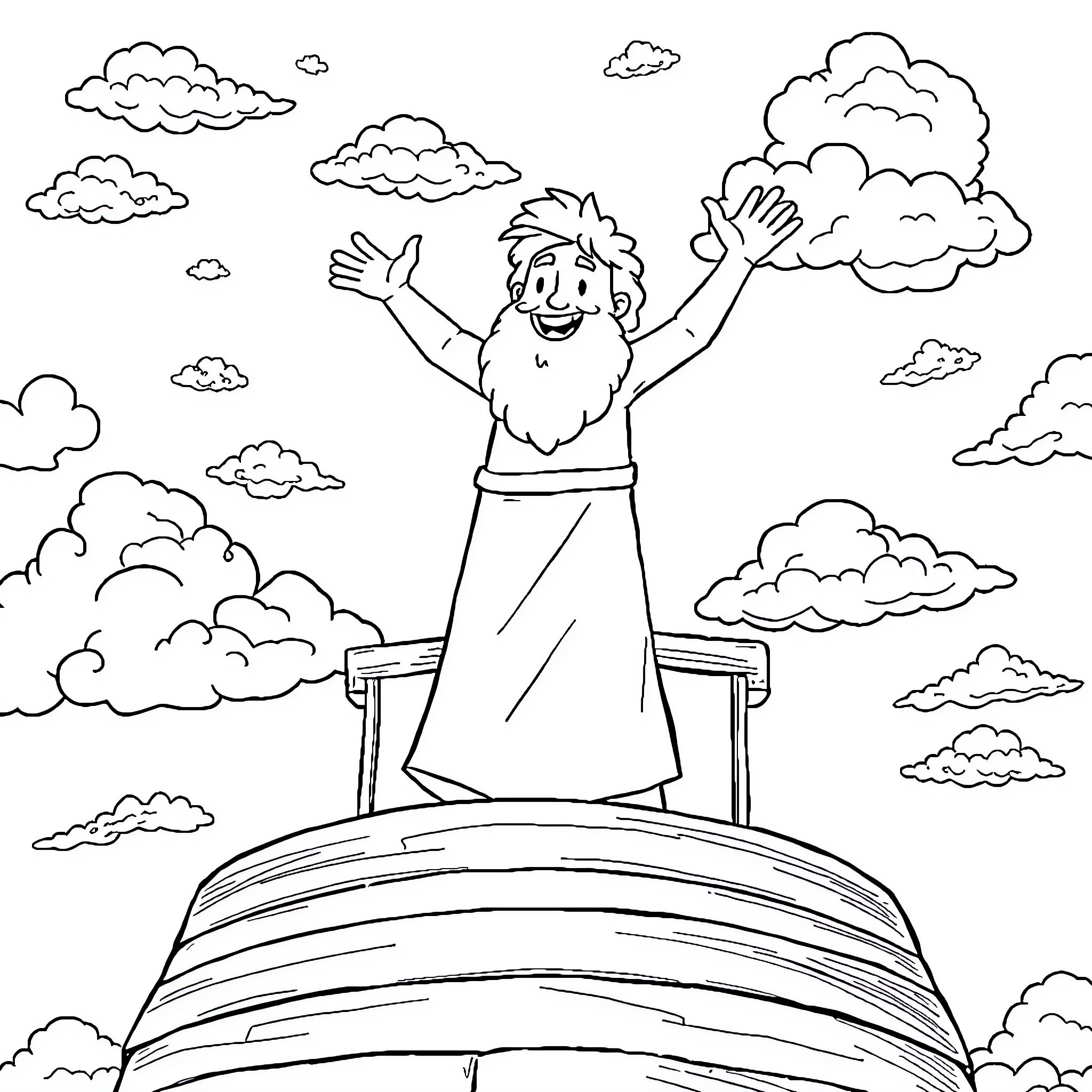 Noah Rejoices Amid the Clouds Coloring Page (free black-and-white line drawing printable PDF for all, from beginners to advanced learners, including children, teens, adults, and seniors)