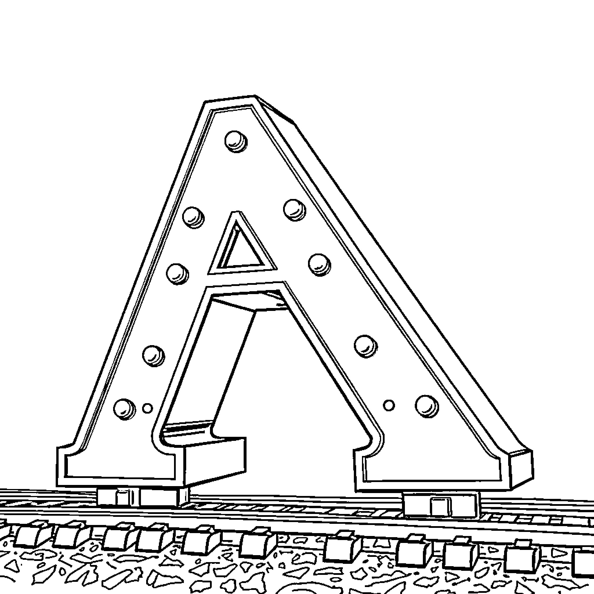 Letter A Illuminated with Bulbs on Gravel Coloring Page (free black-and-white line drawing printable PDF for all, from beginners to advanced learners, including children, teens, adults, and seniors)