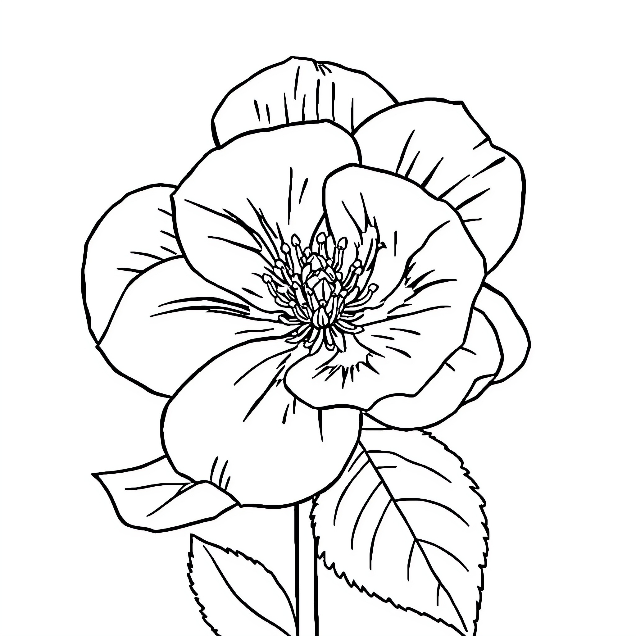 Flower in full bloom with detailed petals Coloring Page (free black-and-white line drawing printable PDF for all, from beginners to advanced learners, including children, teens, adults, and seniors)