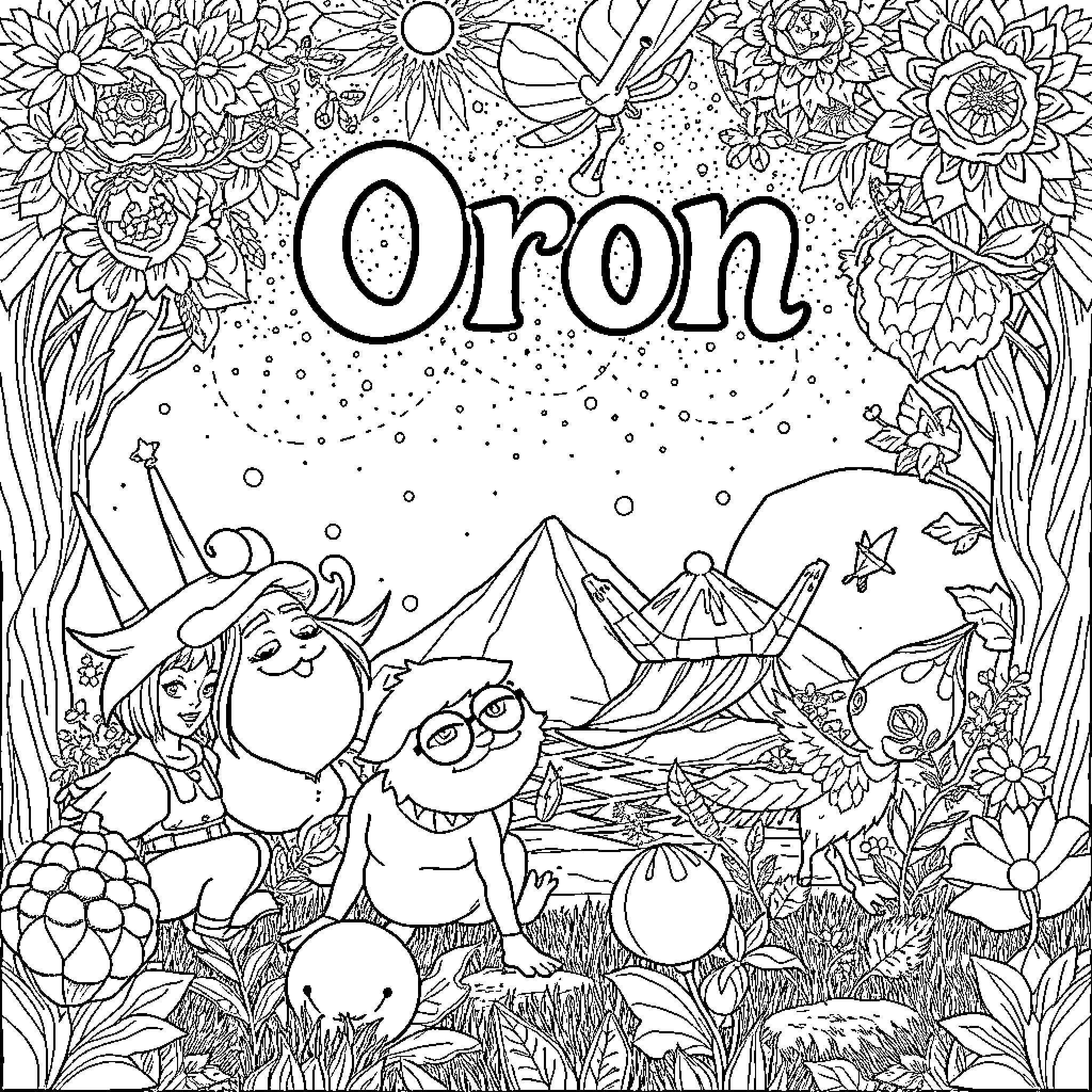 Oron: Whimsical Adventure in a Floral Dreamscape Coloring Page (free black-and-white line drawing printable PDF for all, from beginners to advanced learners, including children, teens, adults, and seniors)