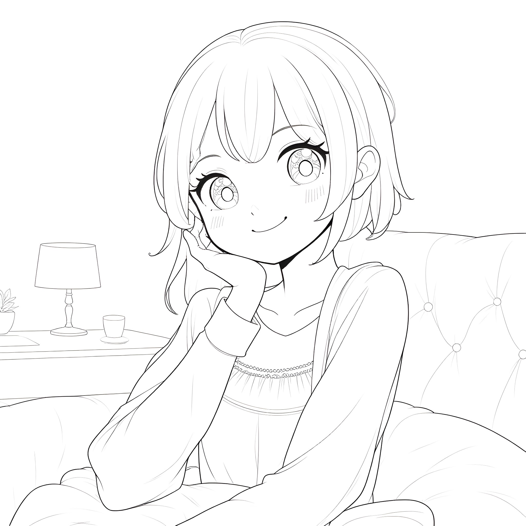 Girl in Casual Outfit Smiling Happily Coloring Page (free black-and-white line drawing printable PDF for all, from beginners to advanced learners, including children, teens, adults, and seniors)