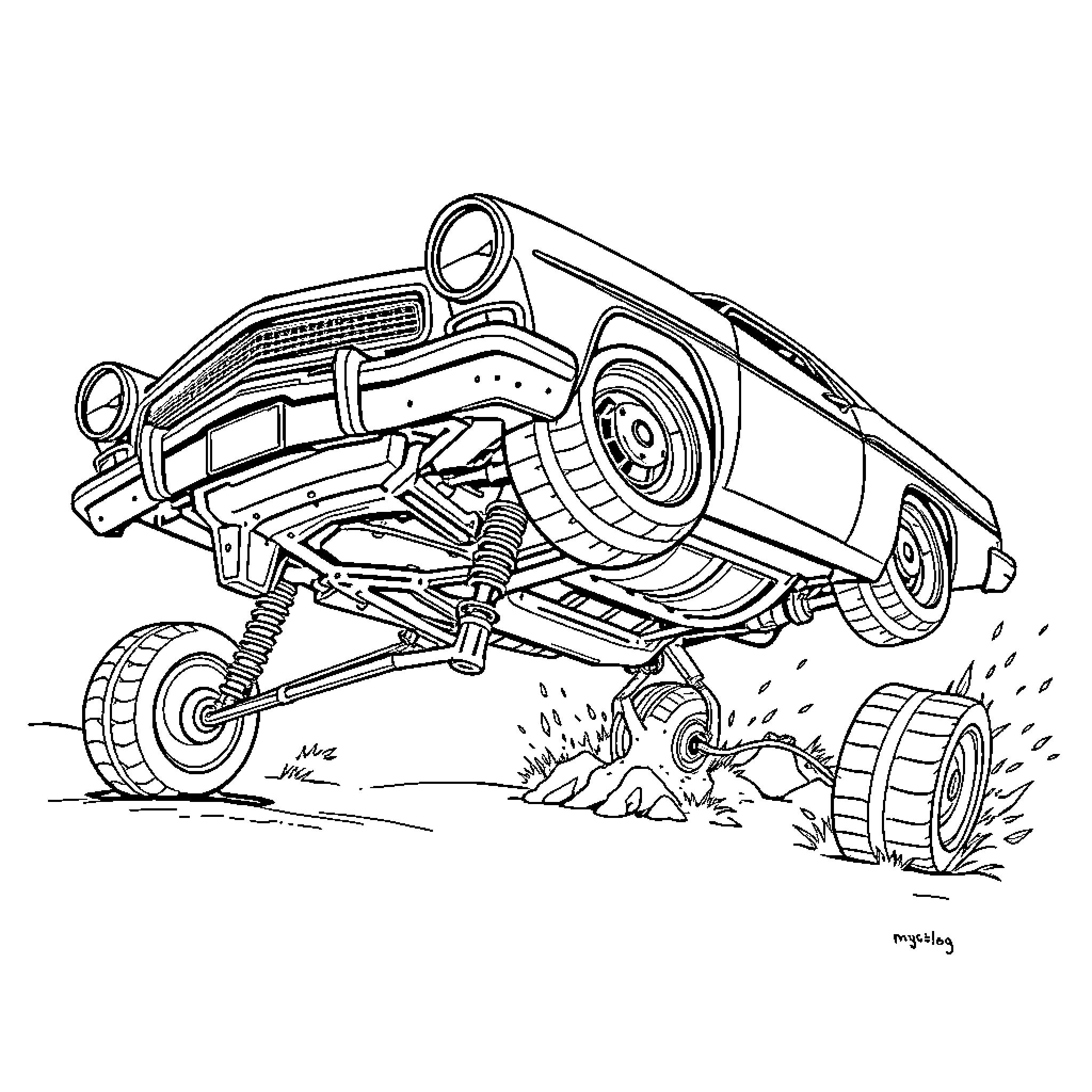 Lowrider off-roading over rough terrain Coloring Page (free black-and-white line drawing printable PDF for all, from beginners to advanced learners, including children, teens, adults, and seniors)