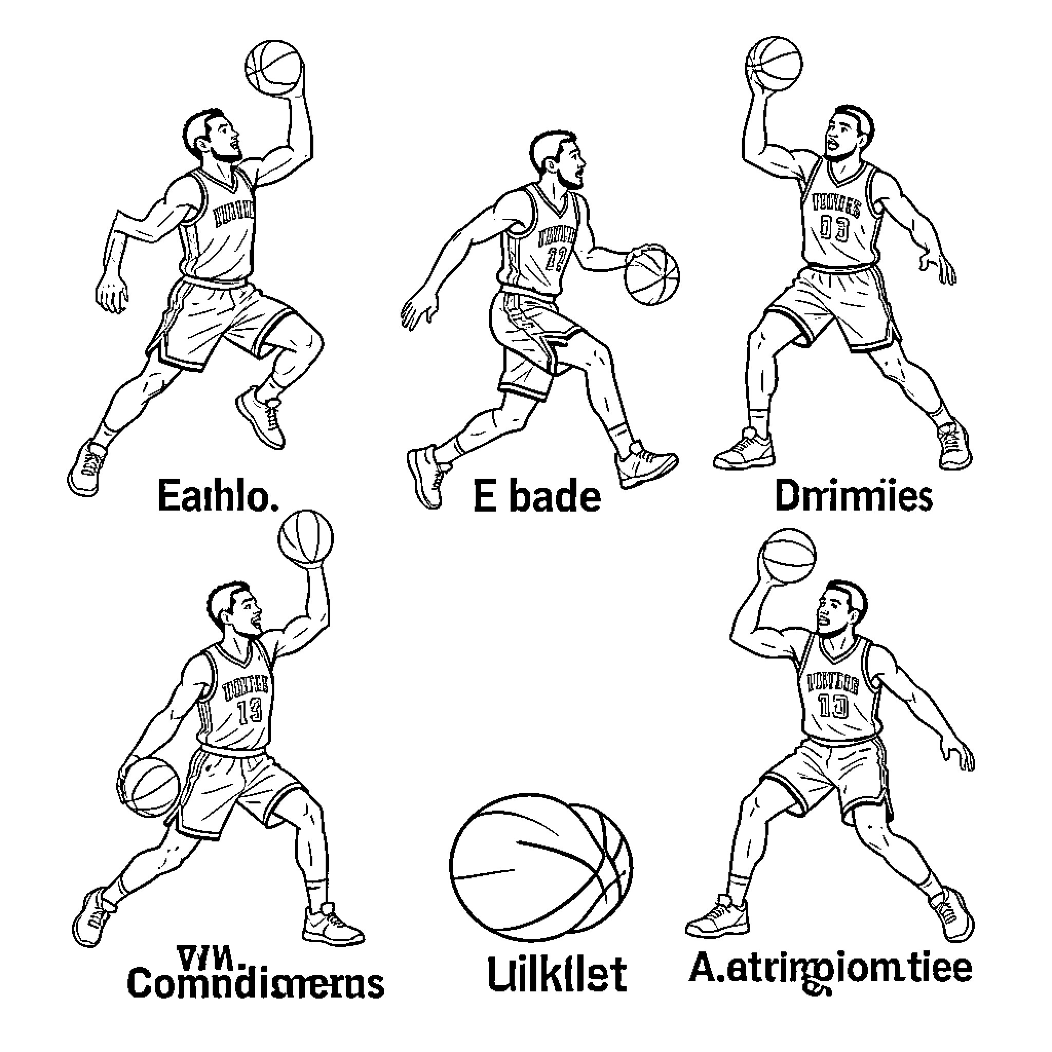Basketball Player performing various athletic maneuvers and dribbling Coloring Page (free black-and-white line drawing printable PDF for all, from beginners to advanced learners, including children, teens, adults, and seniors)