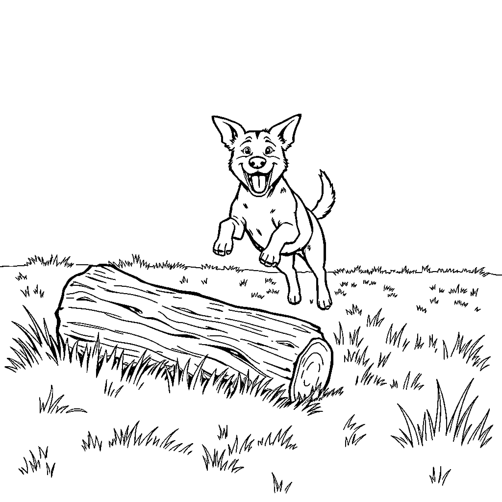 Dog playing joyfully on a grassy field Coloring Page (free black-and-white line drawing printable PDF for all, from beginners to advanced learners, including children, teens, adults, and seniors)
