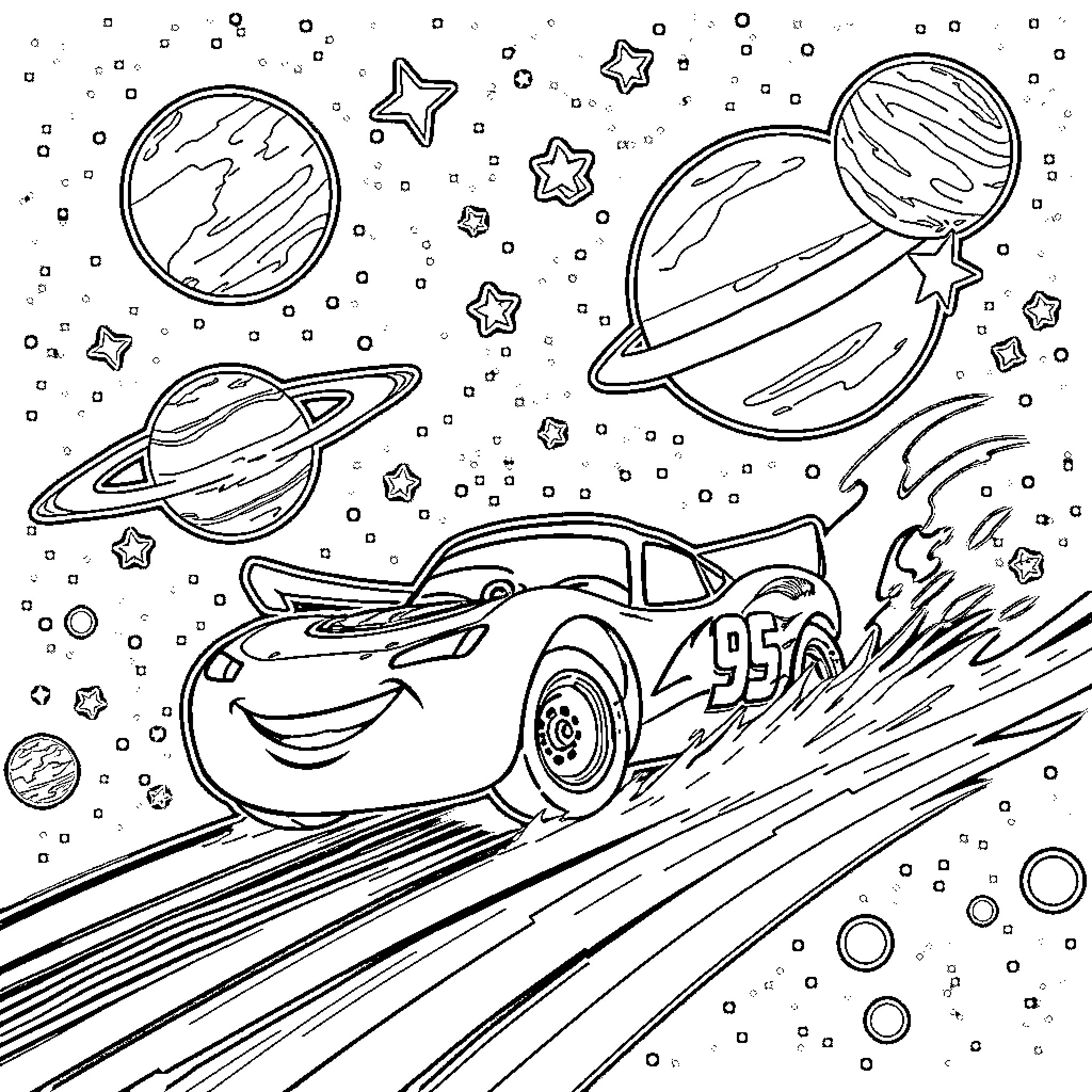 Lightning McQueen racing through the cosmic universe Coloring Page (free black-and-white line drawing printable PDF for all, from beginners to advanced learners, including children, teens, adults, and seniors)