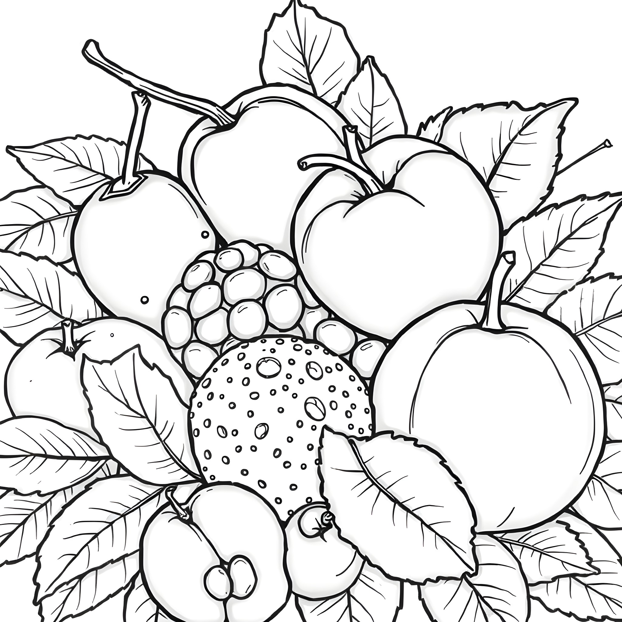 Fruit bouquet with leaves and shapes Coloring Page (free black-and-white line drawing printable PDF for all, from beginners to advanced learners, including children, teens, adults, and seniors)