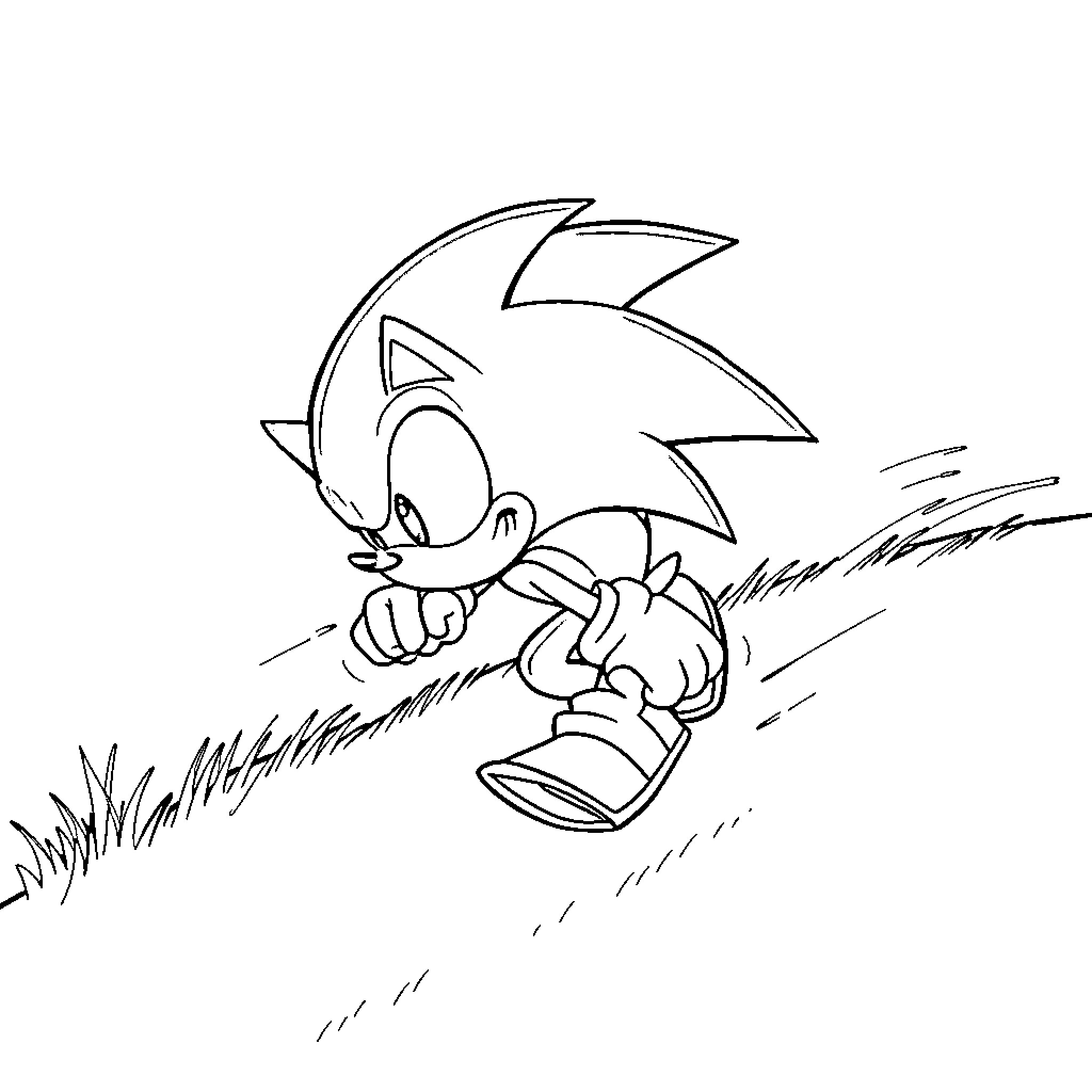 Sonic running swiftly through grassy terrain Coloring Page (free black-and-white line drawing printable PDF for all, from beginners to advanced learners, including children, teens, adults, and seniors)