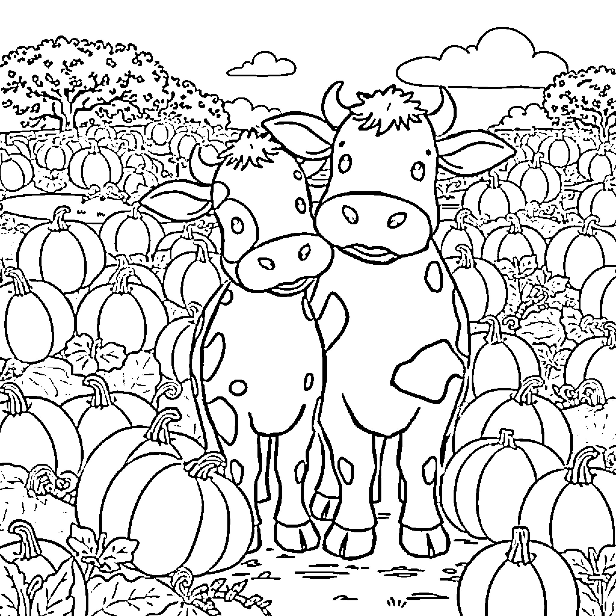 Cow friends in pumpkin patch Coloring Page (free black-and-white line drawing printable PDF for all, from beginners to advanced learners, including children, teens, adults, and seniors)