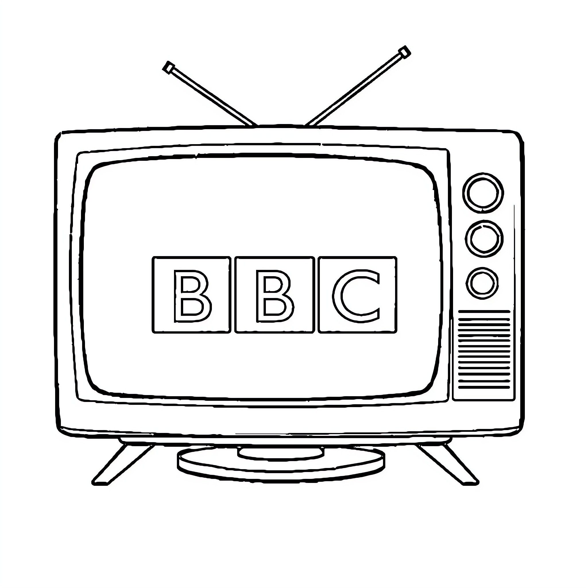 BBC Television Set with Antennas Coloring Page (free black-and-white line drawing printable PDF for all, from beginners to advanced learners, including children, teens, adults, and seniors)