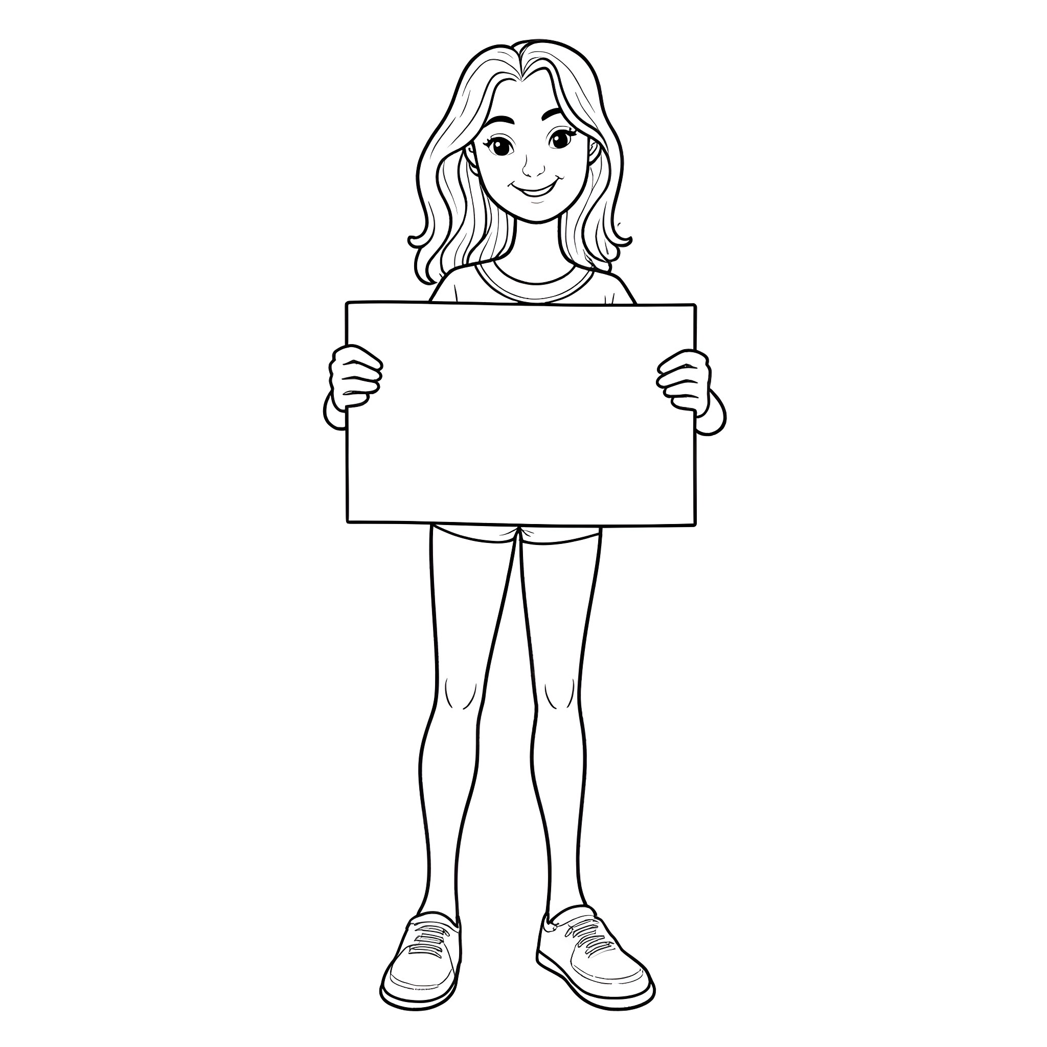 Blonde Girl Holding a Blank Sign Coloring Page (free black-and-white line drawing printable PDF for all, from beginners to advanced learners, including children, teens, adults, and seniors)