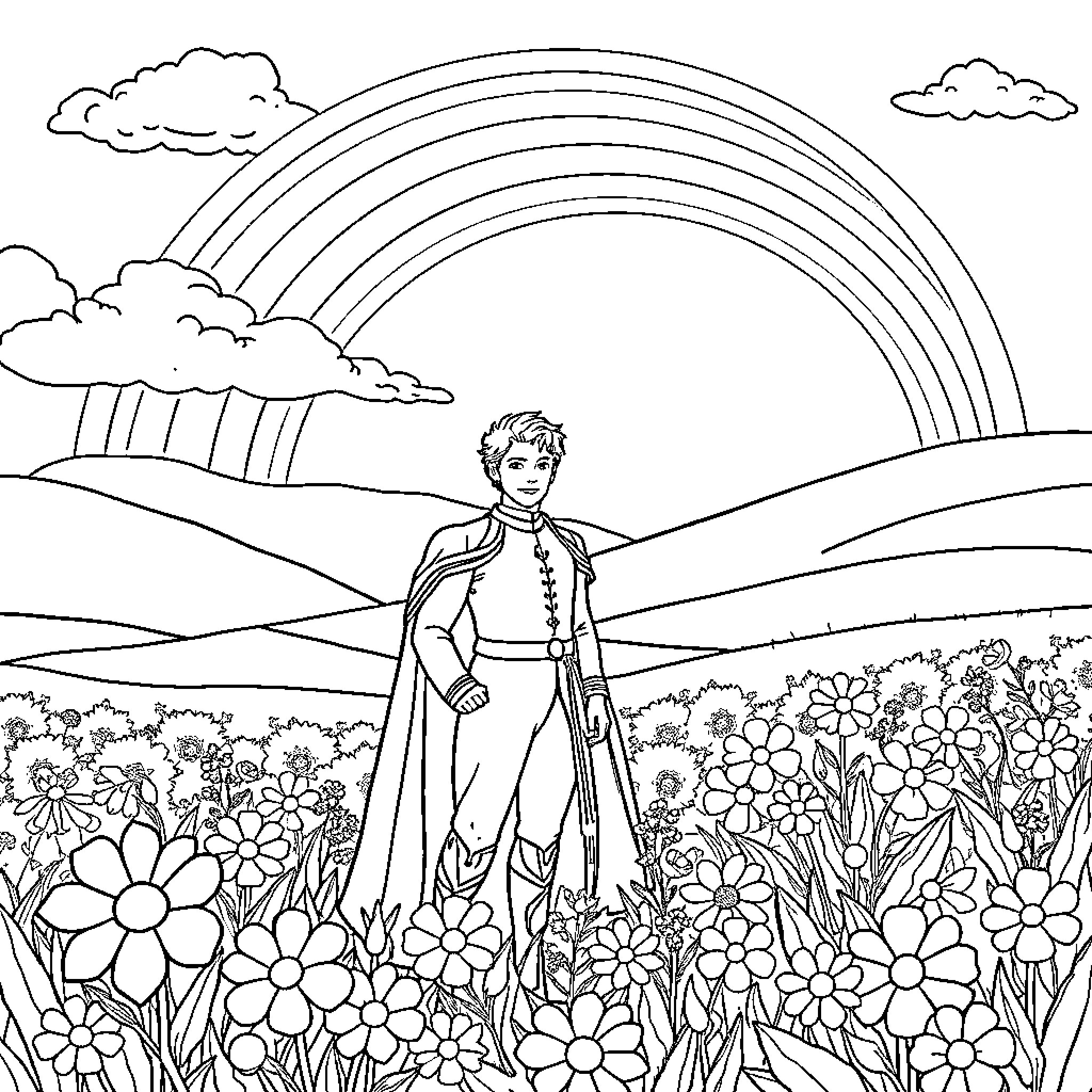 Prince walking through a vibrant flower field under a rainbow Coloring Page (free black-and-white line drawing printable PDF for all, from beginners to advanced learners, including children, teens, adults, and seniors)